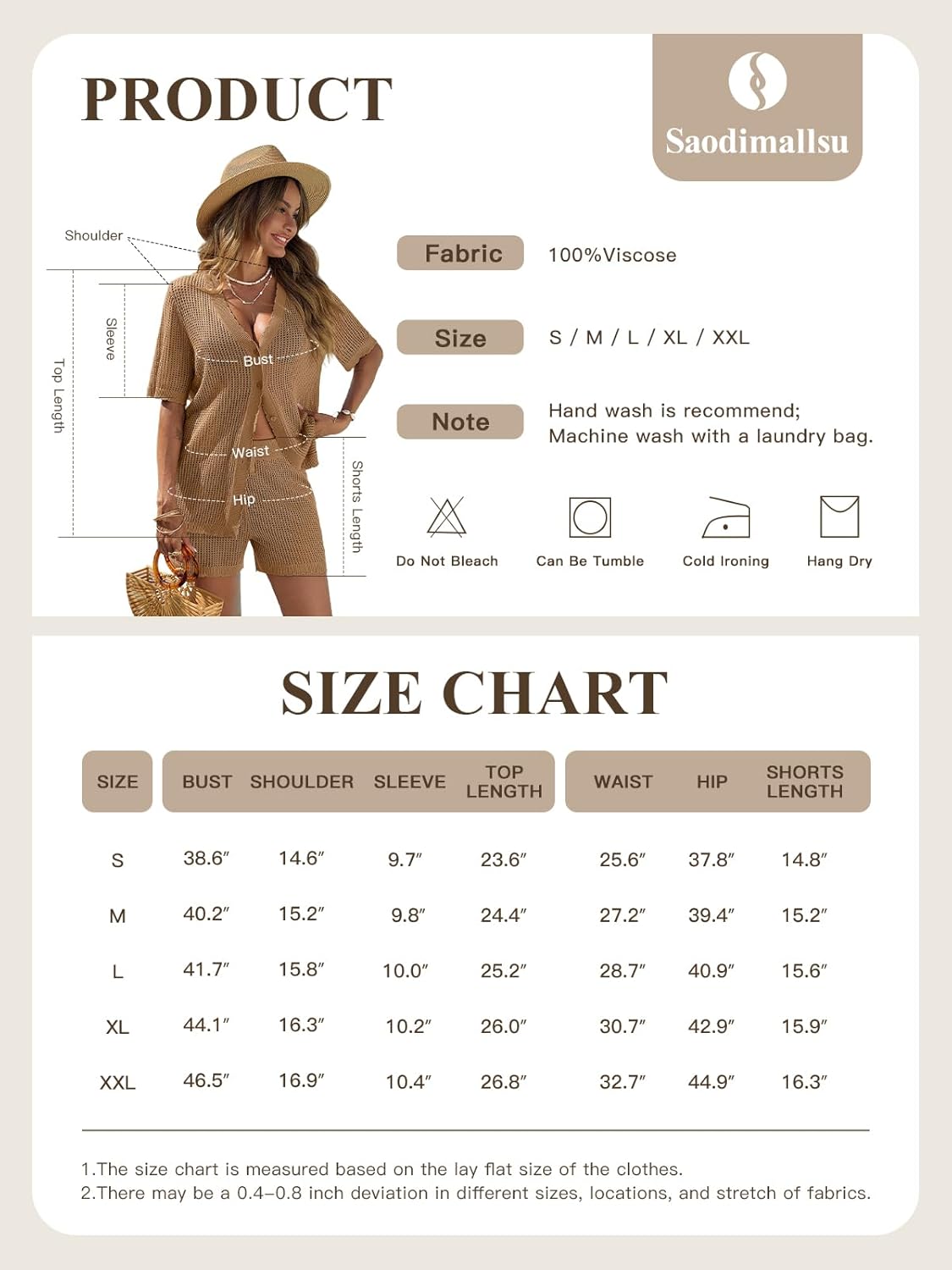 Saodimallsu Womens Crochet Swimsuit Coverup Sets Short Sleeve V Neck Button Tops Drawstring Shorts 2 Piece Beach Outfits - Image 6