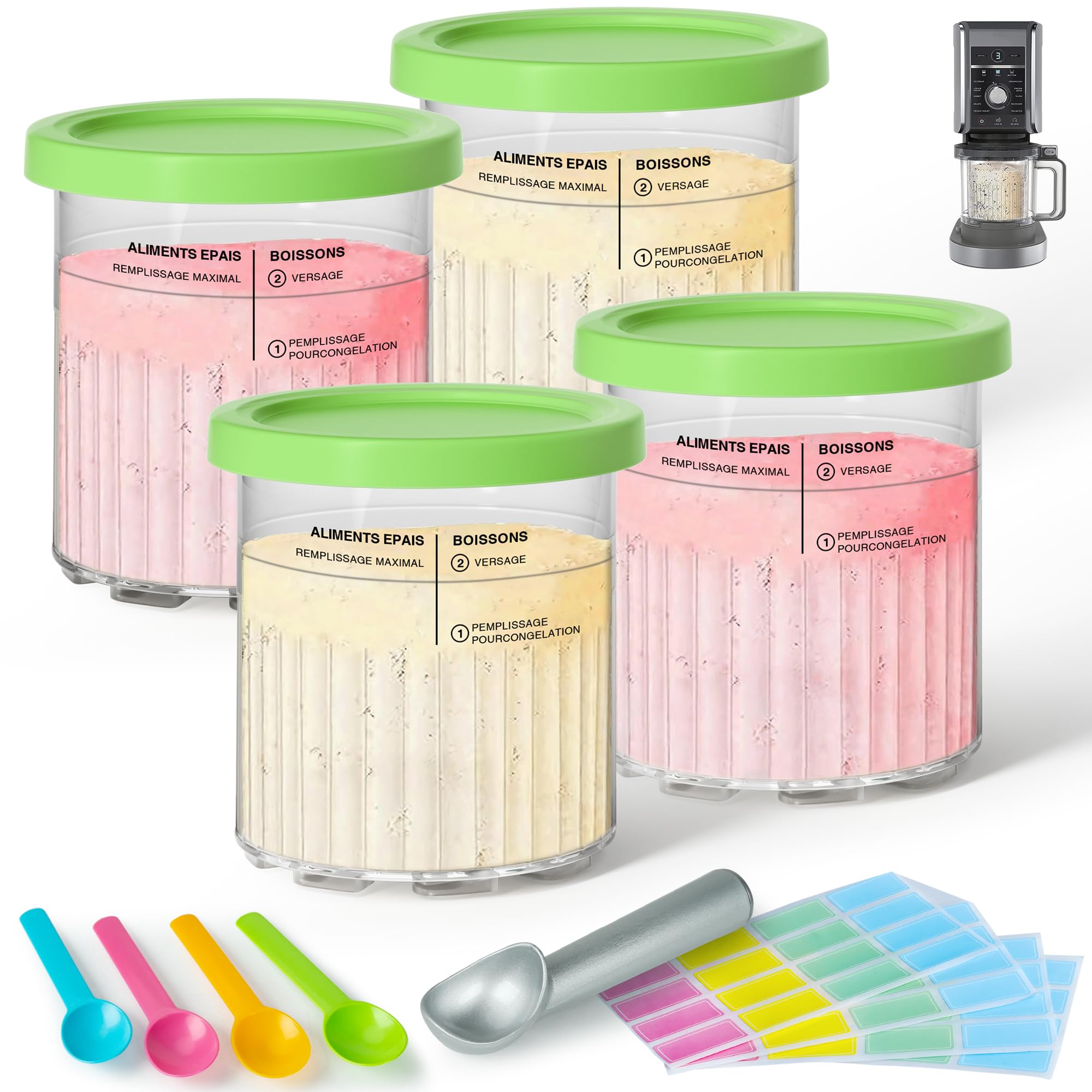 4 Pack Creami Deluxe Pints & Lids for Ninja, 24 Oz Compatible with NC500 NC501 Series Ice Cream Makers, with 5 Spoons & 64 Writable Labels, BPA-Free & Dishwasher Safe, Green