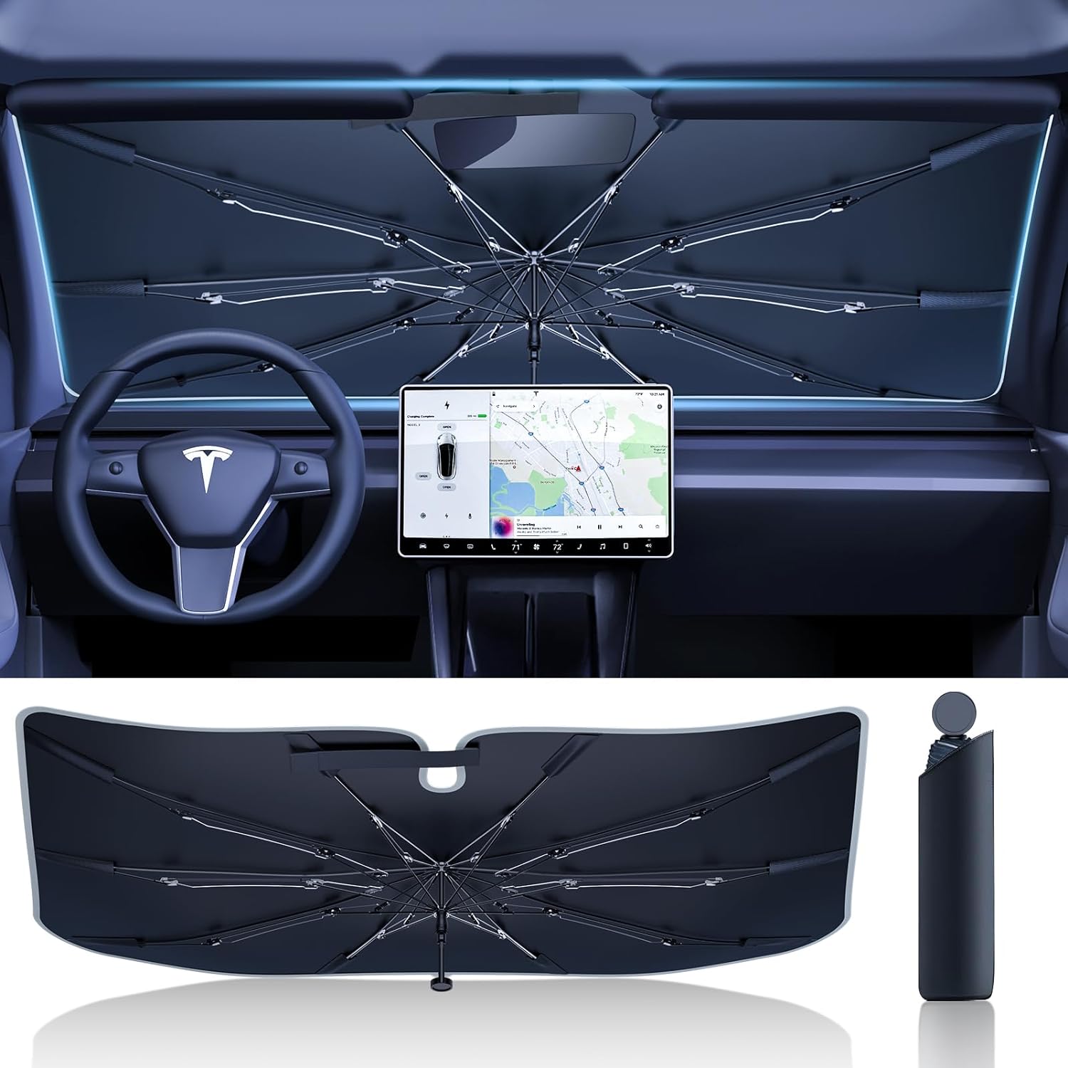 [2025 Premium Upgrade] Windshield Sun Shade Umbrella for Car - [T-Cool Coating] UV Shield Blocks 99.9% Rays, Super Heat Insulation & Cool Interior Protection | Easy Foldable Design
