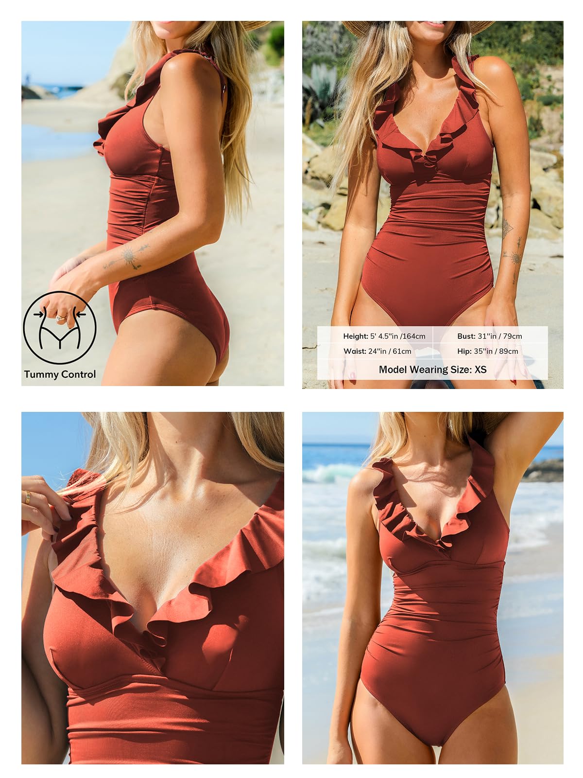 CUPSHE Maillot de bain une pièce pour femme - Encolure en V à volants - Bretelles réglables - Effet gainant au niveau du ventre