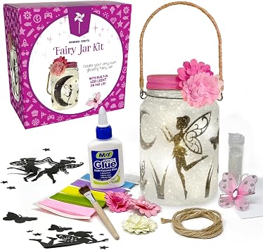 Pinwheel Crafts Fairy Lantern Night Light Kit for Kids Ages 6-12 | 1 jar, built-in LED lid light with on off switch, glitter, choice of fairies, instructions, bedroom and garden decor