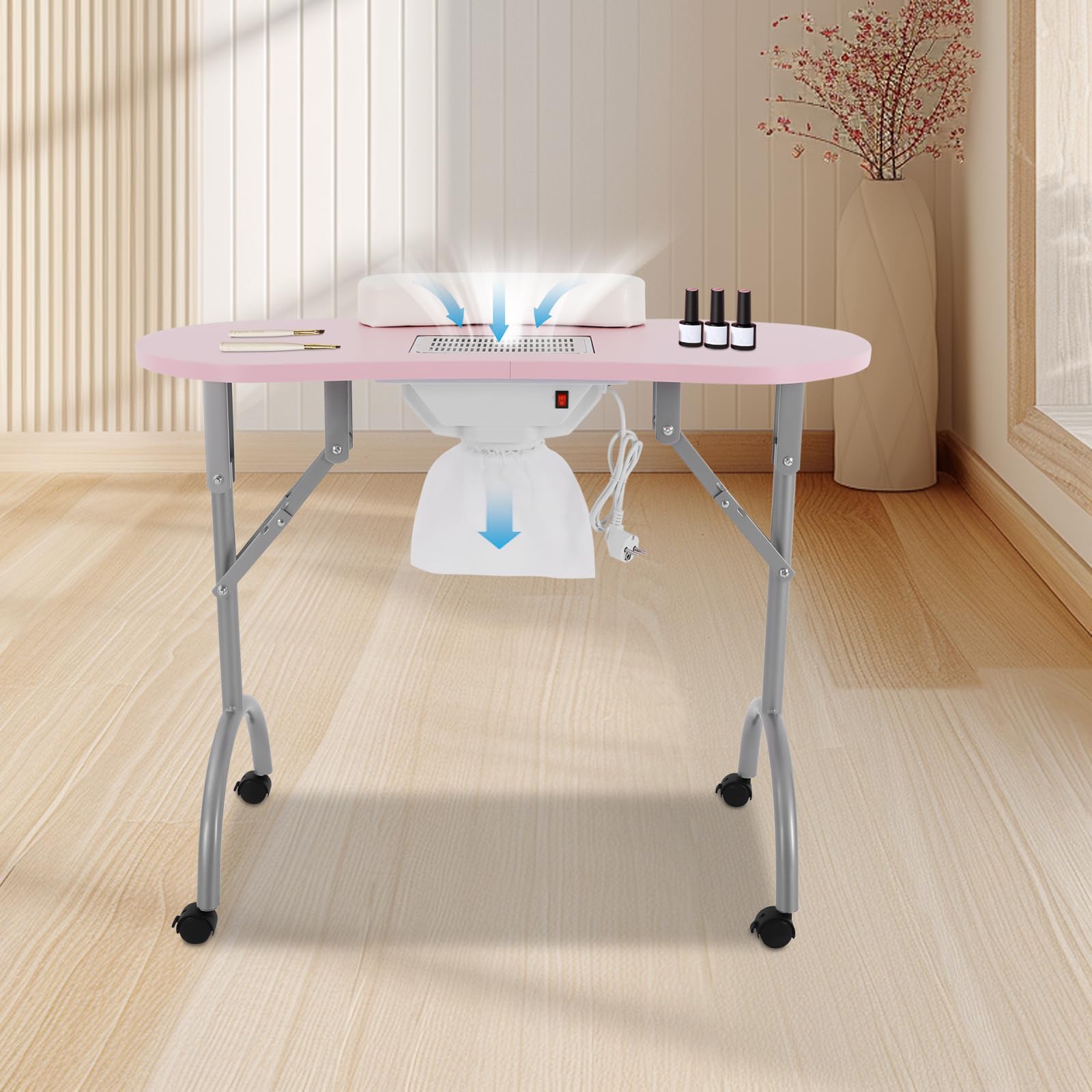 Tavolo per unghie con ventosa, pieghevole, 90 x 40 cm, 4 ruote, colore: rosa
