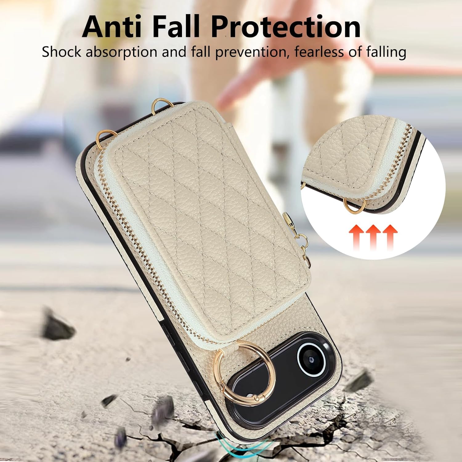 Asuwish Phone Case for iPhone 17 Air 6.6 inch 2025 Zipper Wallet Cell Cover with Tempered Glass Screen Protector Ring Credit Card Holder Slot Crossbody Strap Lanyard i Phone17 i17 17Air Women Beige
