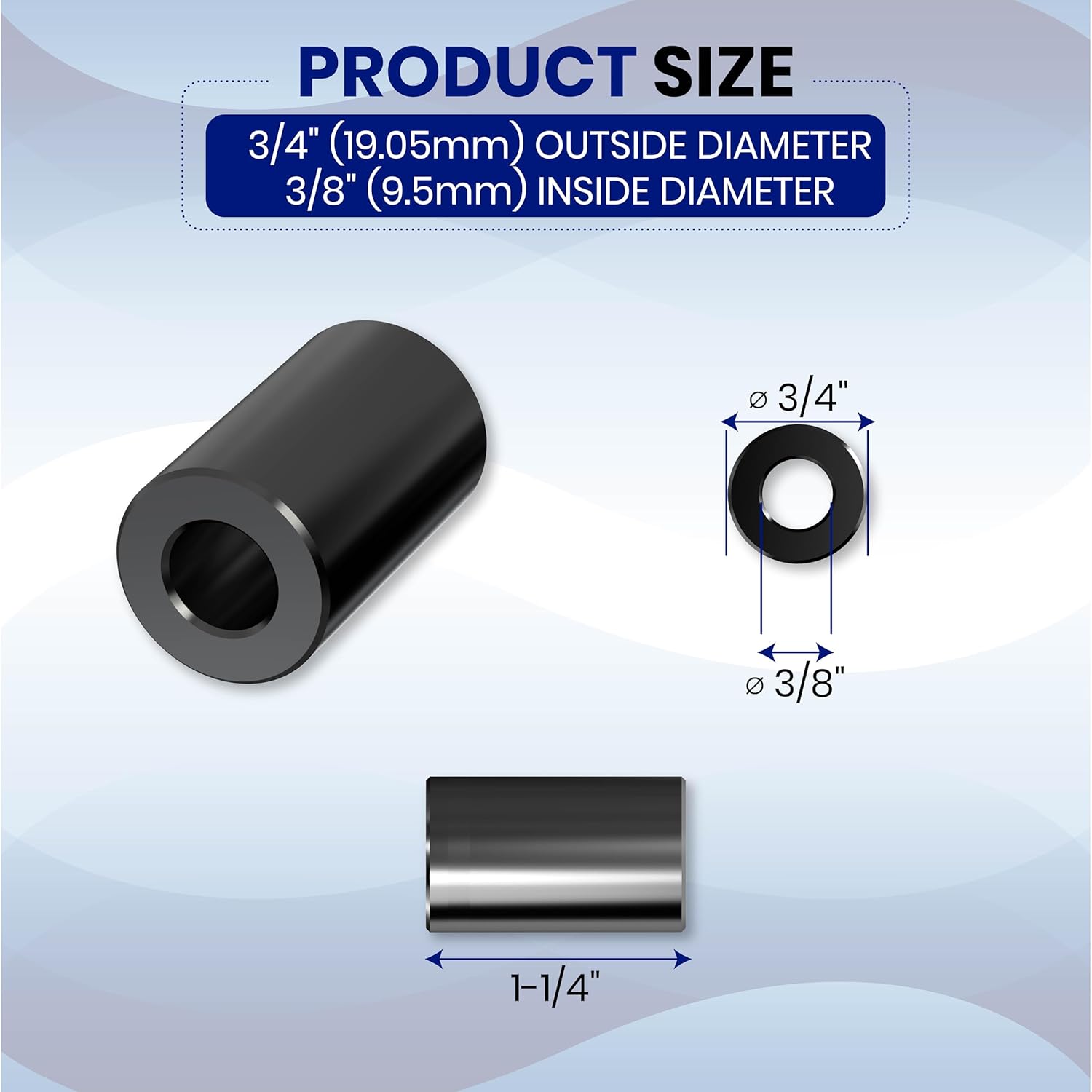 Black Aluminum Spacer 3/4" OD x 3/8" ID - Choose Your Length, Durable Round Standoff Bushing, Unthreaded Spacer for 3/8" Screws or M10 Bolts (12, 1-1/4" Length)