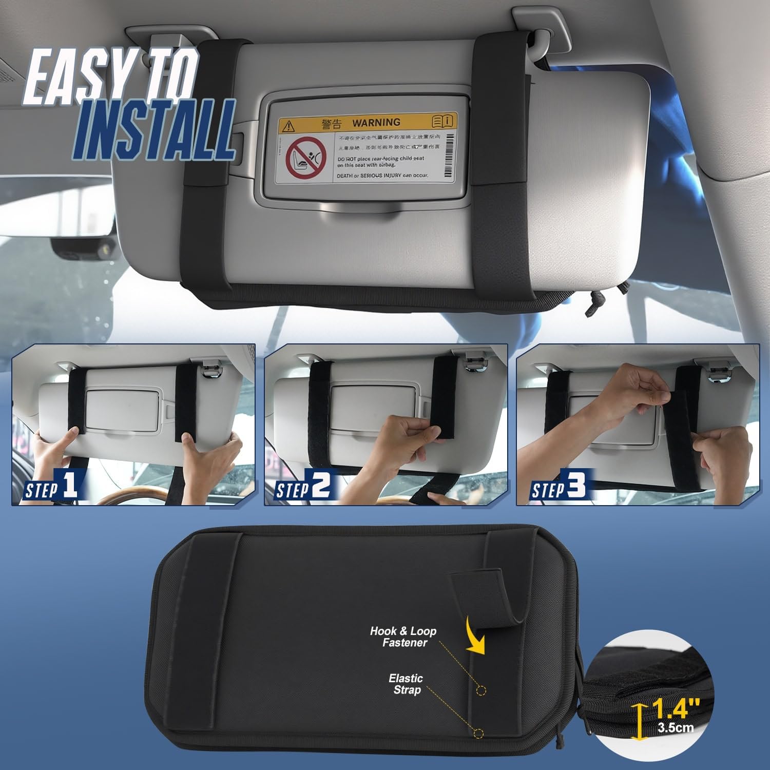 Hiseanllo Car Sun Visor Organizer, Multi-Pocket Visor Organizer Storage Pouch with Zippers, Elastic Bands & Glasses Clip, Car Visor Accessories