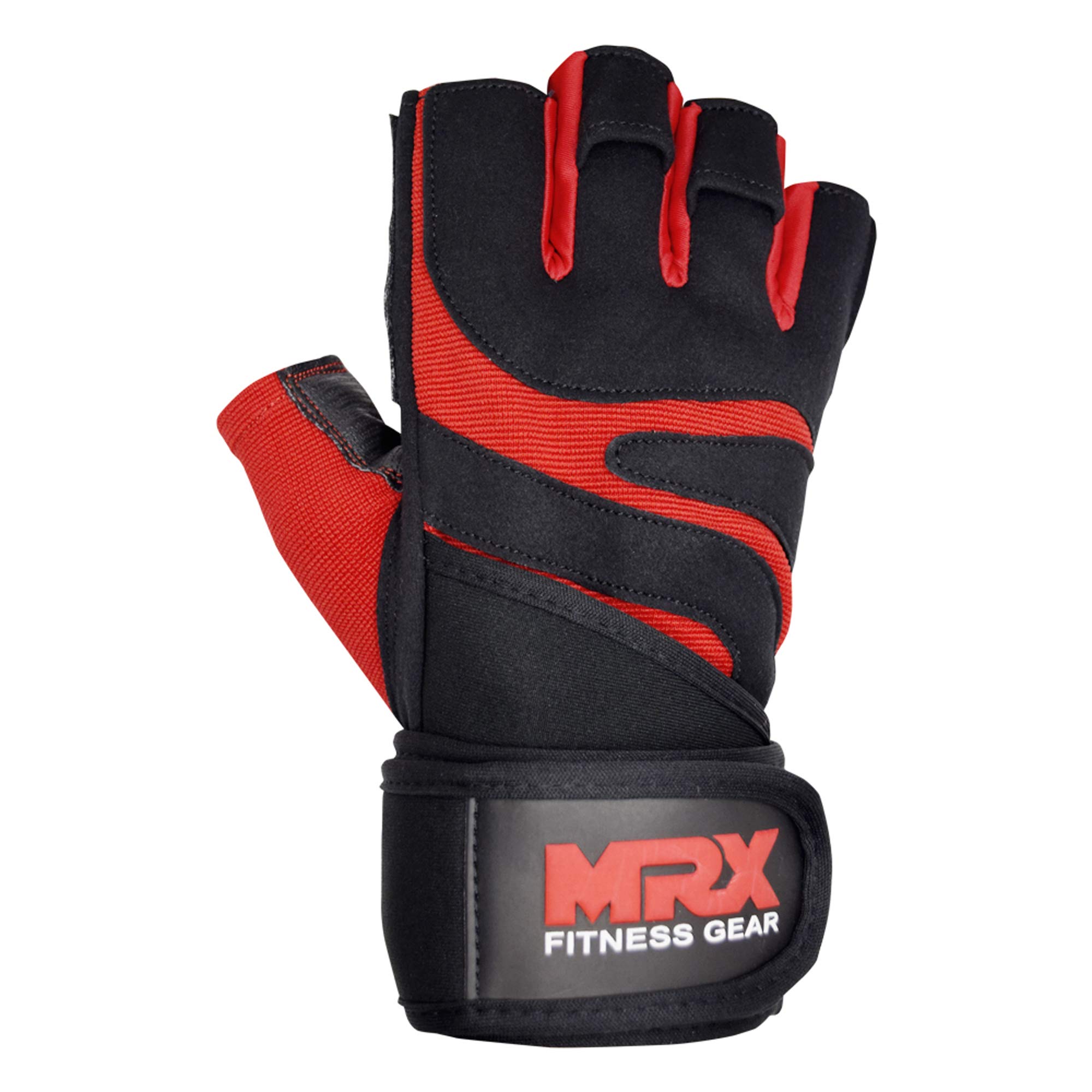 MRX - Guanti per Sollevamento Pesi da Boxe e Fitness, con Supporto Integrato per Avvolgere Il Polso, Mezze Dita, per Costruire Il Corpo, Uomo, Nero e Rosso, Large