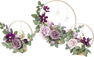 Ling's Moment Crystal Wooden Hoop Wreath Floral Centerpieces for Sweetheart Table, Head Table, Ceremony Reception Artificial Flowers Decorations, Assemble Required - Lilac & Gold