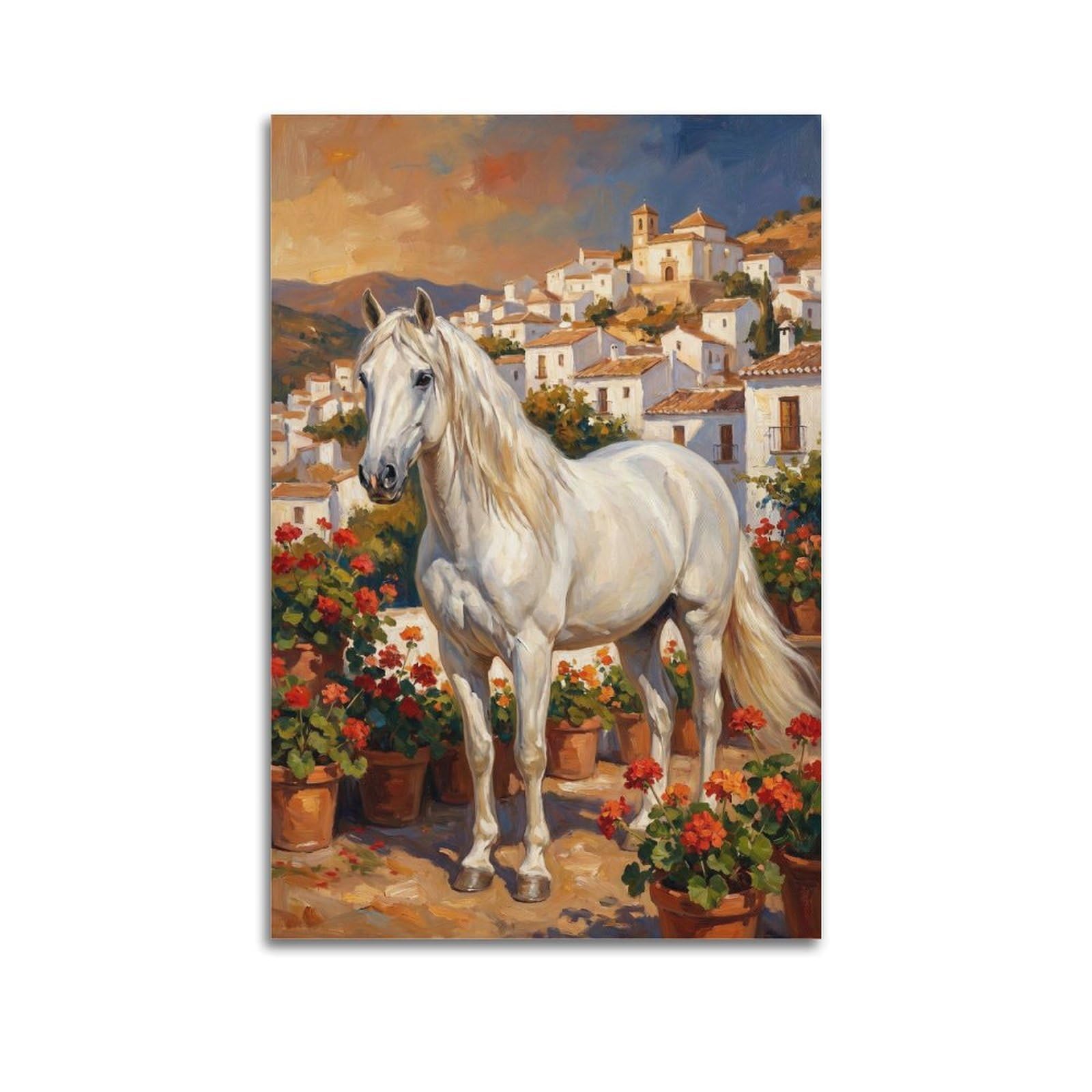 XKUGA Andalusian White Horse Travel Poster Coastal Beach Heritage Modern Decorative Canvas Prints - Ideal Wall Art for Family, Man Cave, Game Room, Boys & Girls Bedroom 20x30inch(50x75cm)