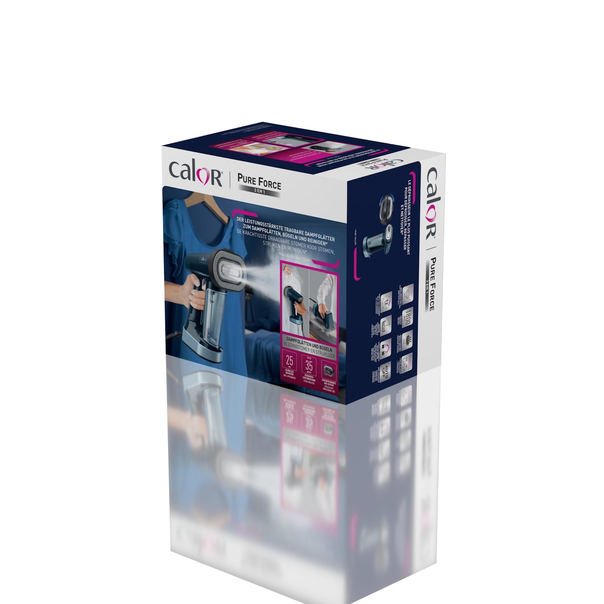 Calor Pure Force 3en1, Défroisseur à main et fer à repasser, Utilisation verticale/horizontale, Nettoie, 1800W, 35g/min, Prêt en 25s, DT8755C0, Bleu Métallisé
