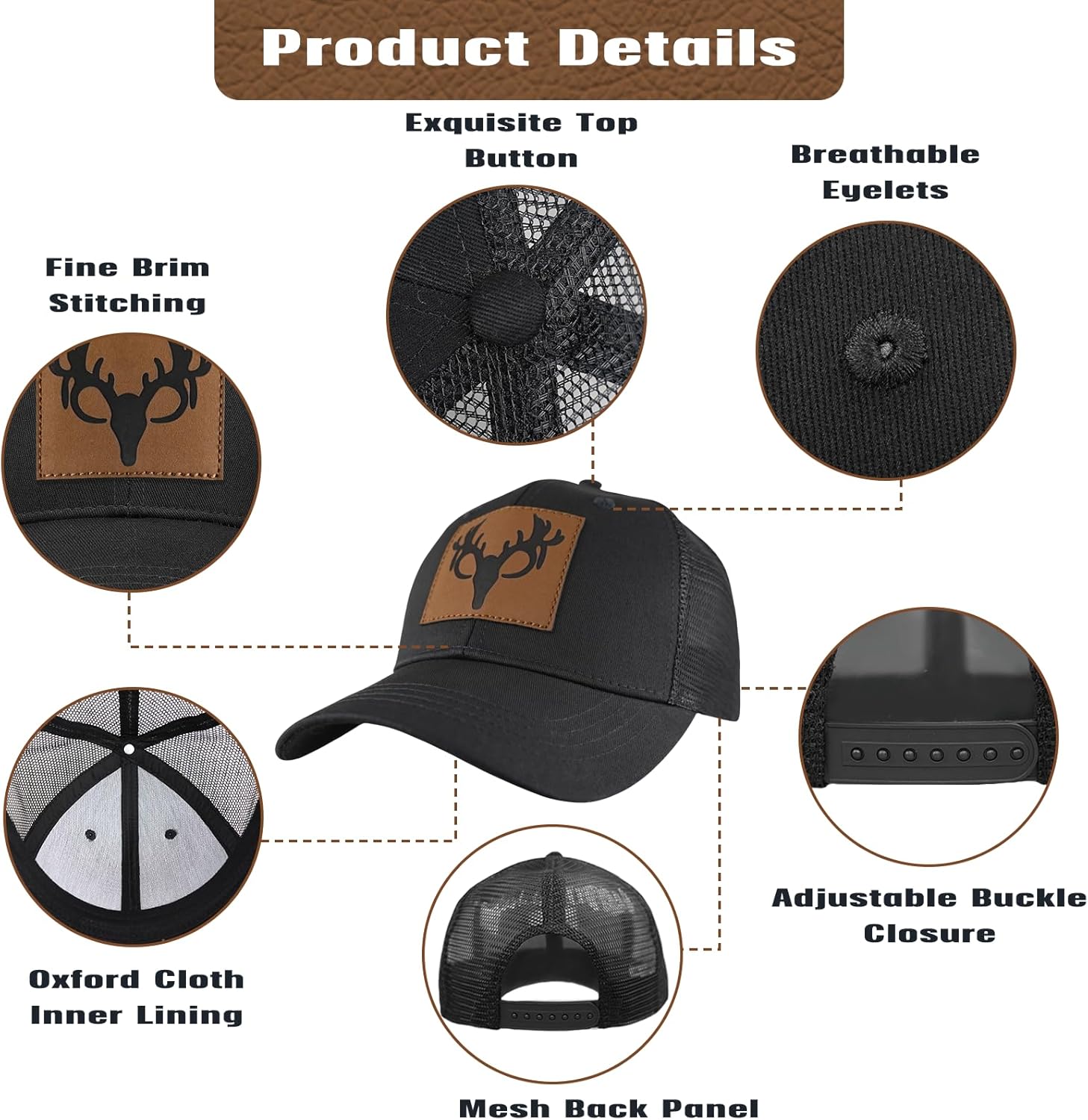 Hunting Deer Hat, Snapback Trucker Hats Leather Patch Mesh Baseball Cap Hunter Gifts for Men Dad Grandpa - Image 5