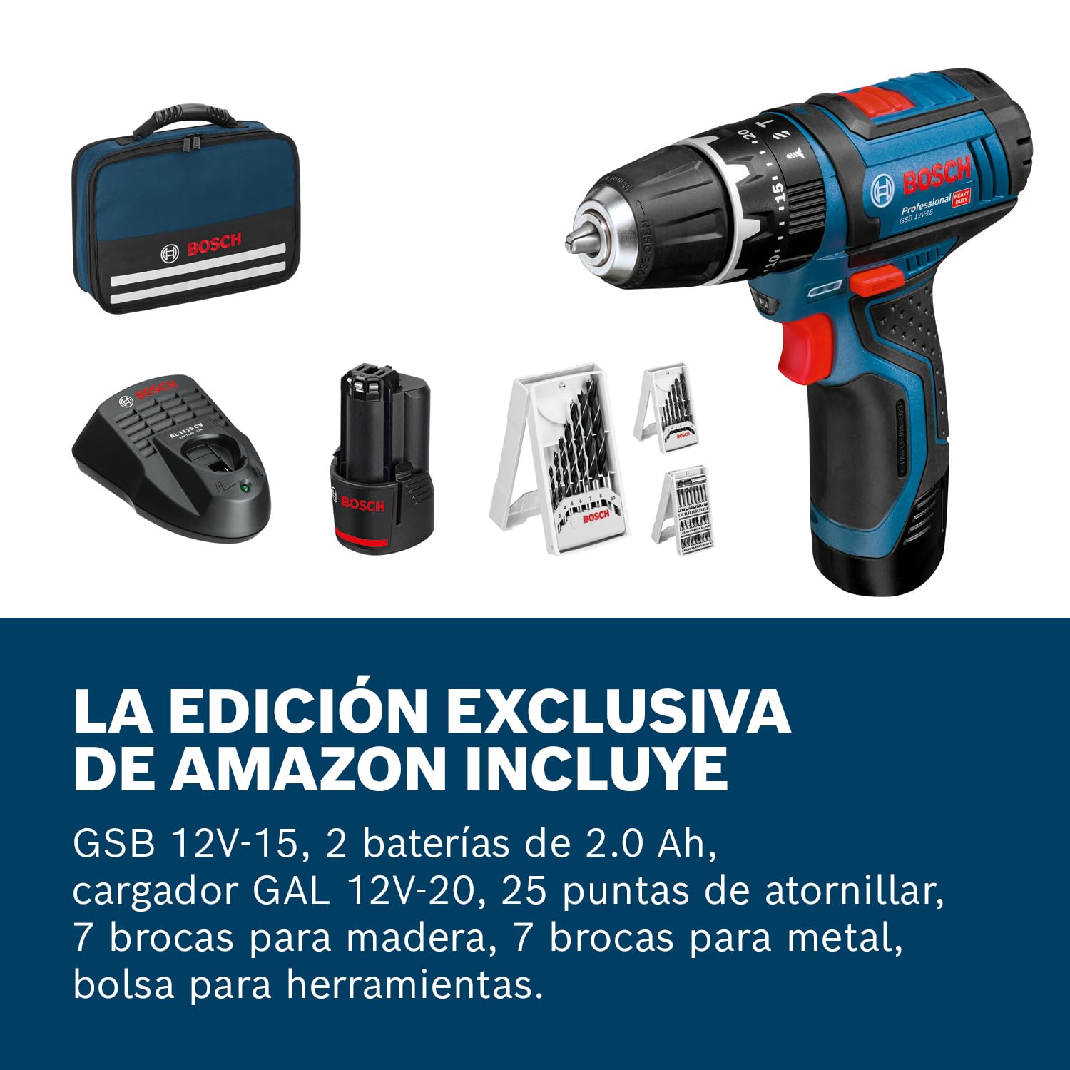 Bosch Professional 12V System taladro percusión batería GSB 12V-15 (Ø broca madera máx.: 19 mm, incl. 2 baterías 2.0Ah+cargador, 2 sets brocas, 1 set puntas, bolsa herramientas) - Set exclusivo Amazon