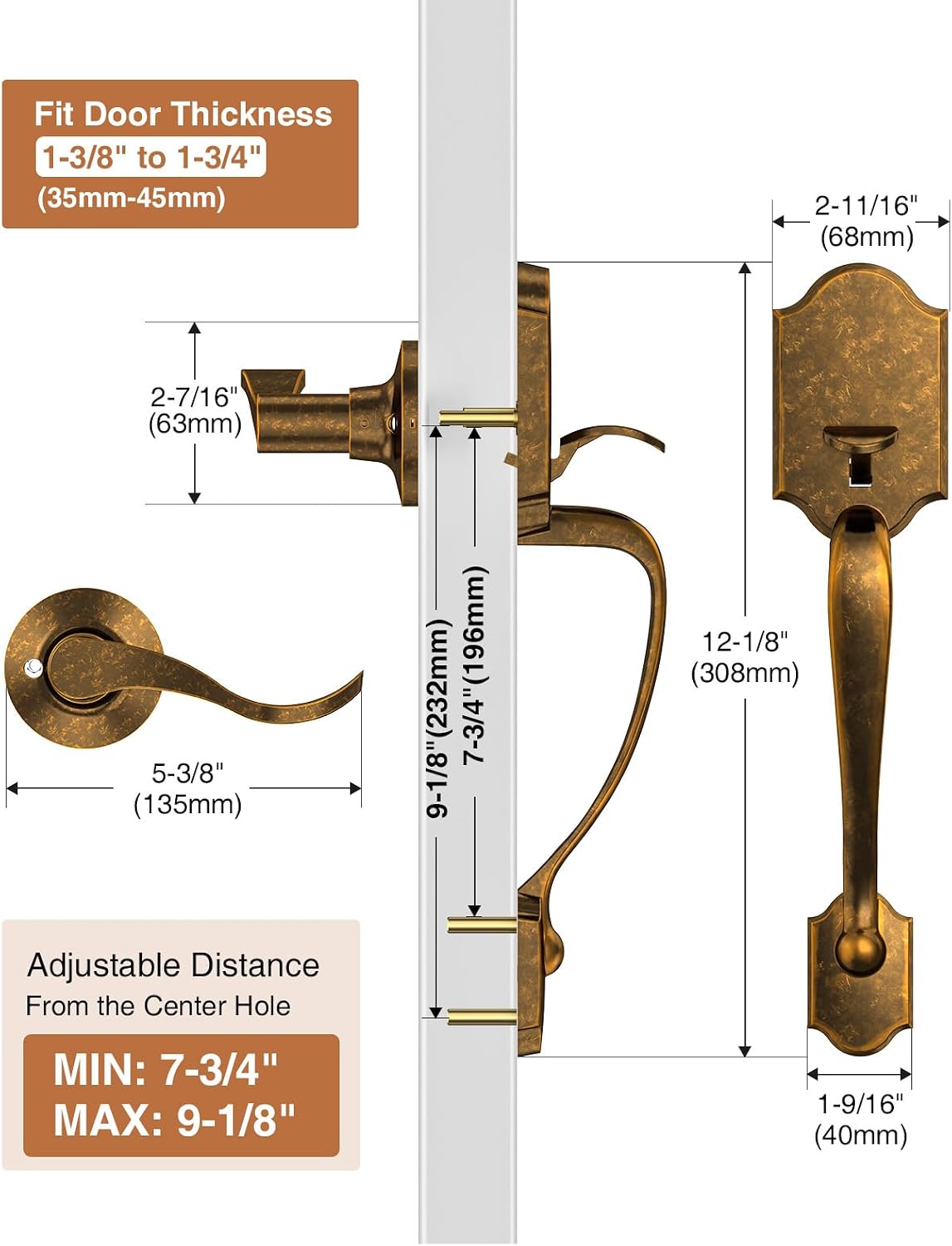 Brightify Vintage Brass Front Door Handle No Lock, Classic Exterior Door Handle, Entry Door Handle Reversible for Left & Right Hand Doors