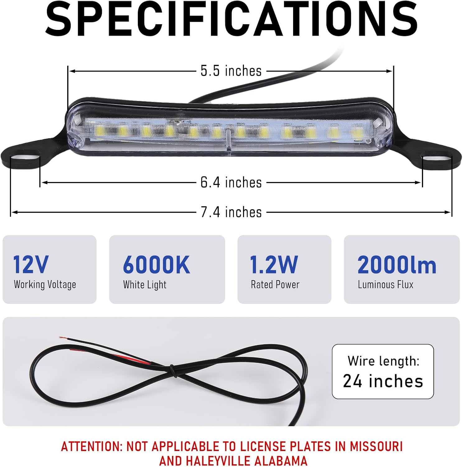 Xenon White LED License Plate Light, 12V DC Ultra Bright Assembly Replacement, Waterproof and Durable, Universal License Plate Light for Car Trailers RV Truck UTV ATV Boats.