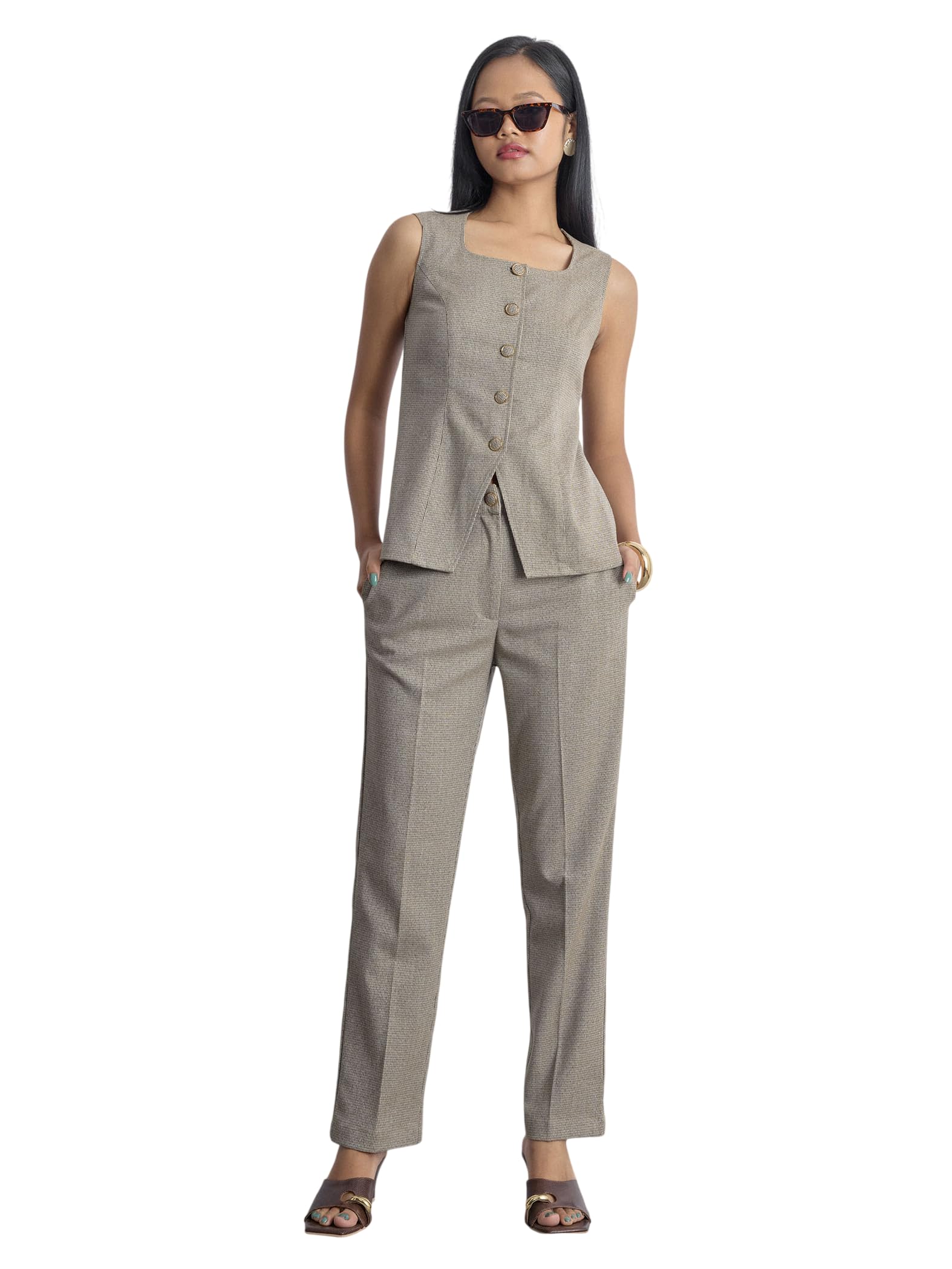 the label life 64% Poly, 34% Viscose, 02Elastane Mocha Textured Long Waistcoat for Women | Stylish Elegant Comfortable Relaxed Fit Solid Western Outfit Top-picture-40