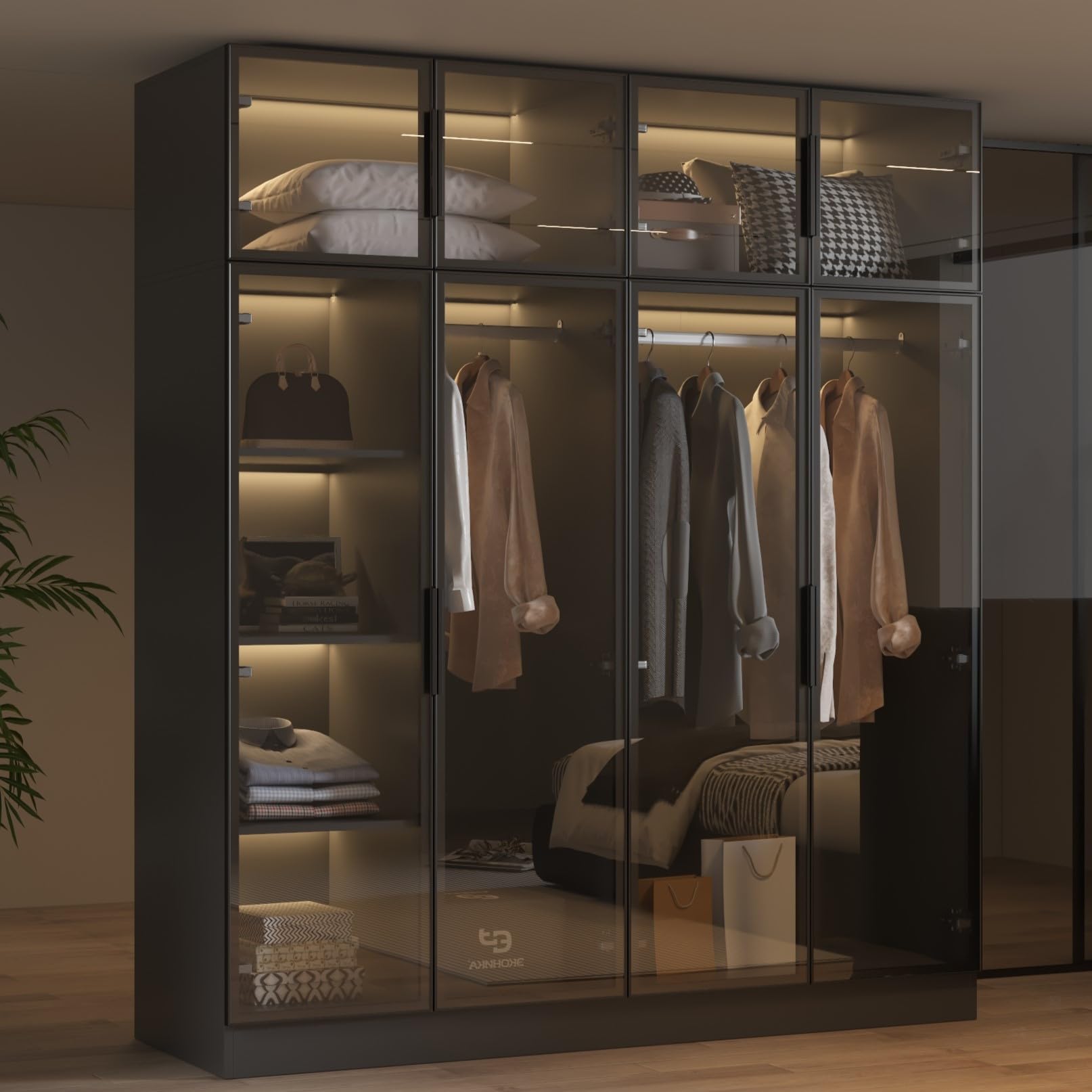 Hitow Wardrobe Cabinet with LED Light Strips, Modern Armoire Closet with Glass Doors, 59.1" W Large Bedroom Armoire Clothes Organizer with Shelve & Hanging Rods, Modern Glass Display Cabinet, Black