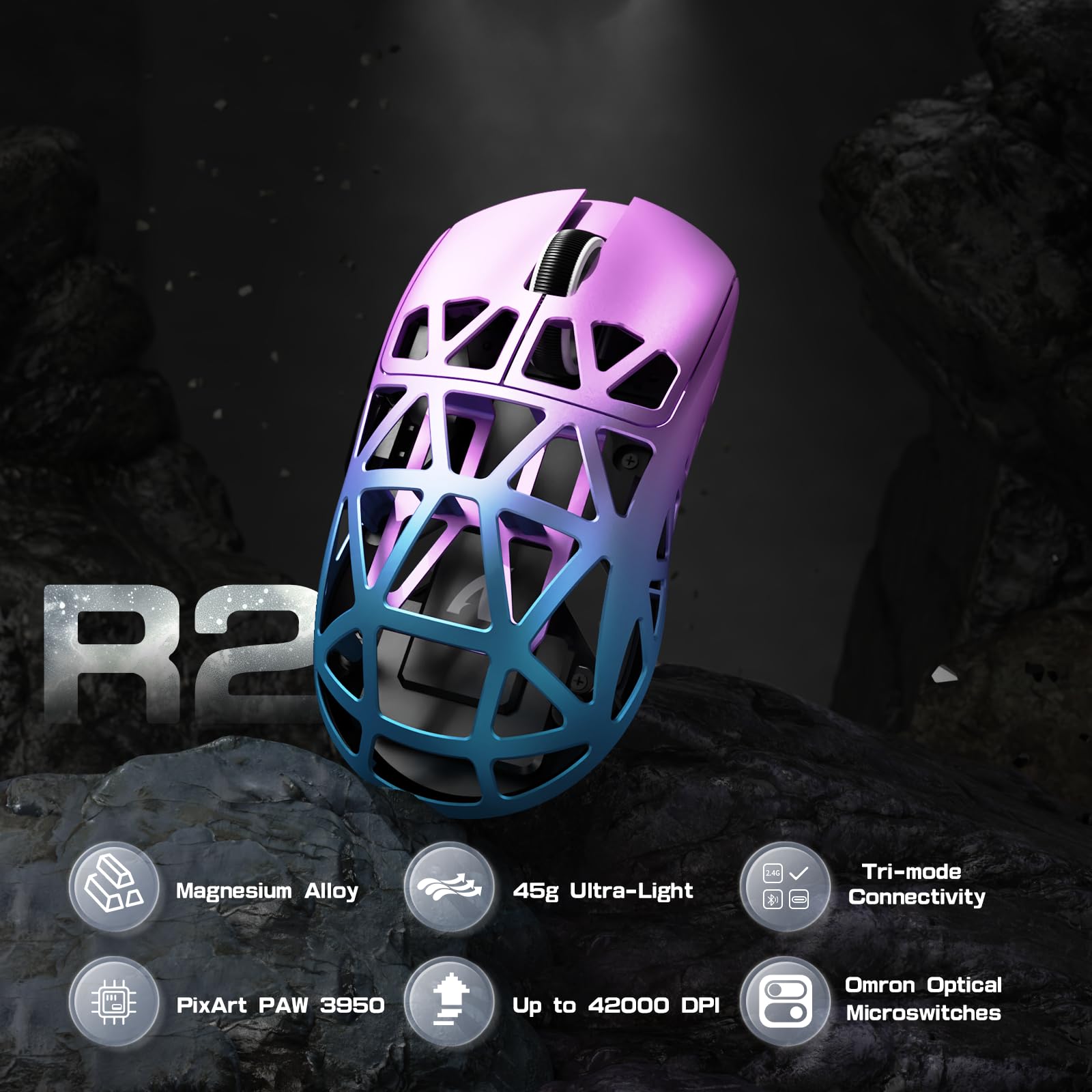 ATTACK SHARK R2PRO 45 g SuperLIGHT mysz do gier ze stopu magnezu, PixArt PAW3950, 42000 DPI, bezprzewodowa 8000 Hz, częstotliwość odpytywania, G502, mysz do gier, 2,4 G/BT/przewodowa, ze spiralnym