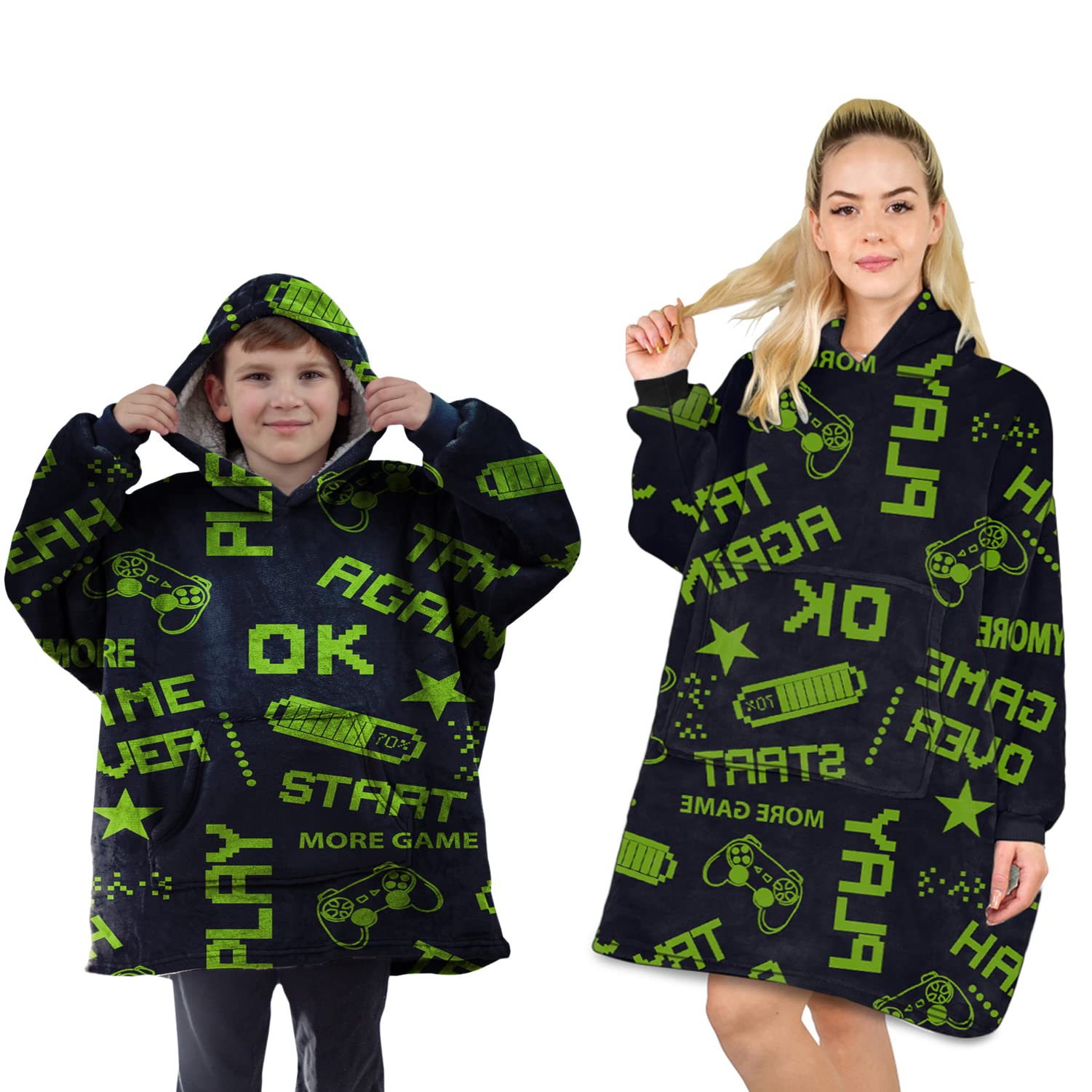 ALLEN & MATE Hoodie Blanket Ultra Soft Warm Cosy Sherpa Fleece Oversized Sweatshirt for Boys Girls Teens Women Men Adults (Black Gaming, One Size)