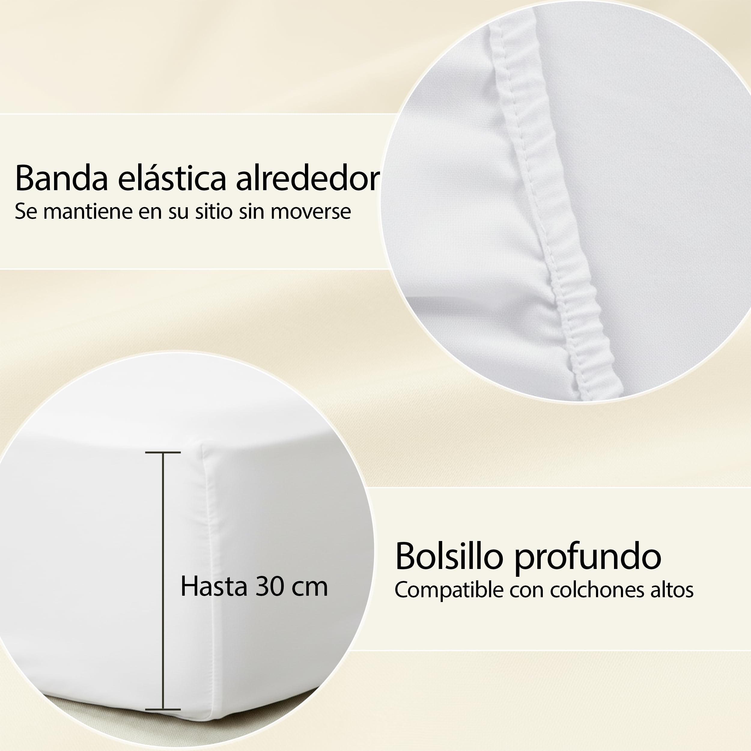 H HANSEL HOME Sábana Bajera Ajustable, Microfibra Transpirable y Suave, Altura 30 cm, Elástico 360° - Sábana Bajera 180x190/200cm – Blanco — view 4