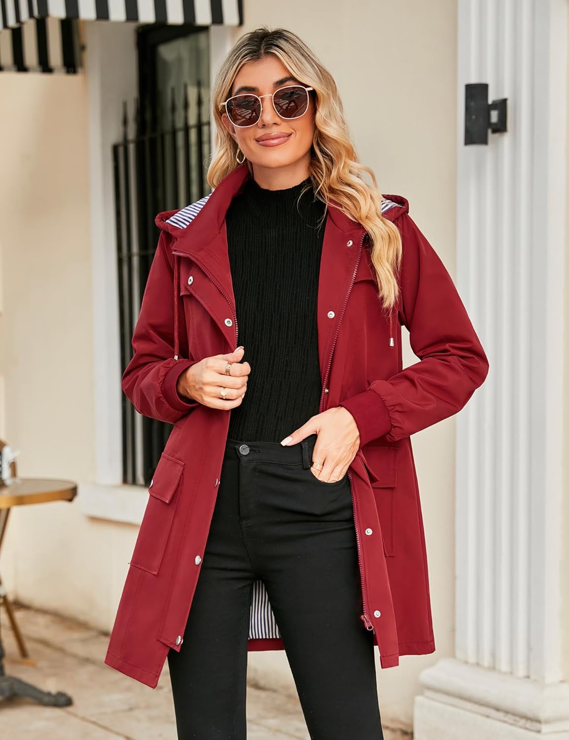 Bloggerlove Womens Raincoats Waterproof with Hood Trench Coats Lined Windbreaker Travel Jacket Wine Red L - Image 2