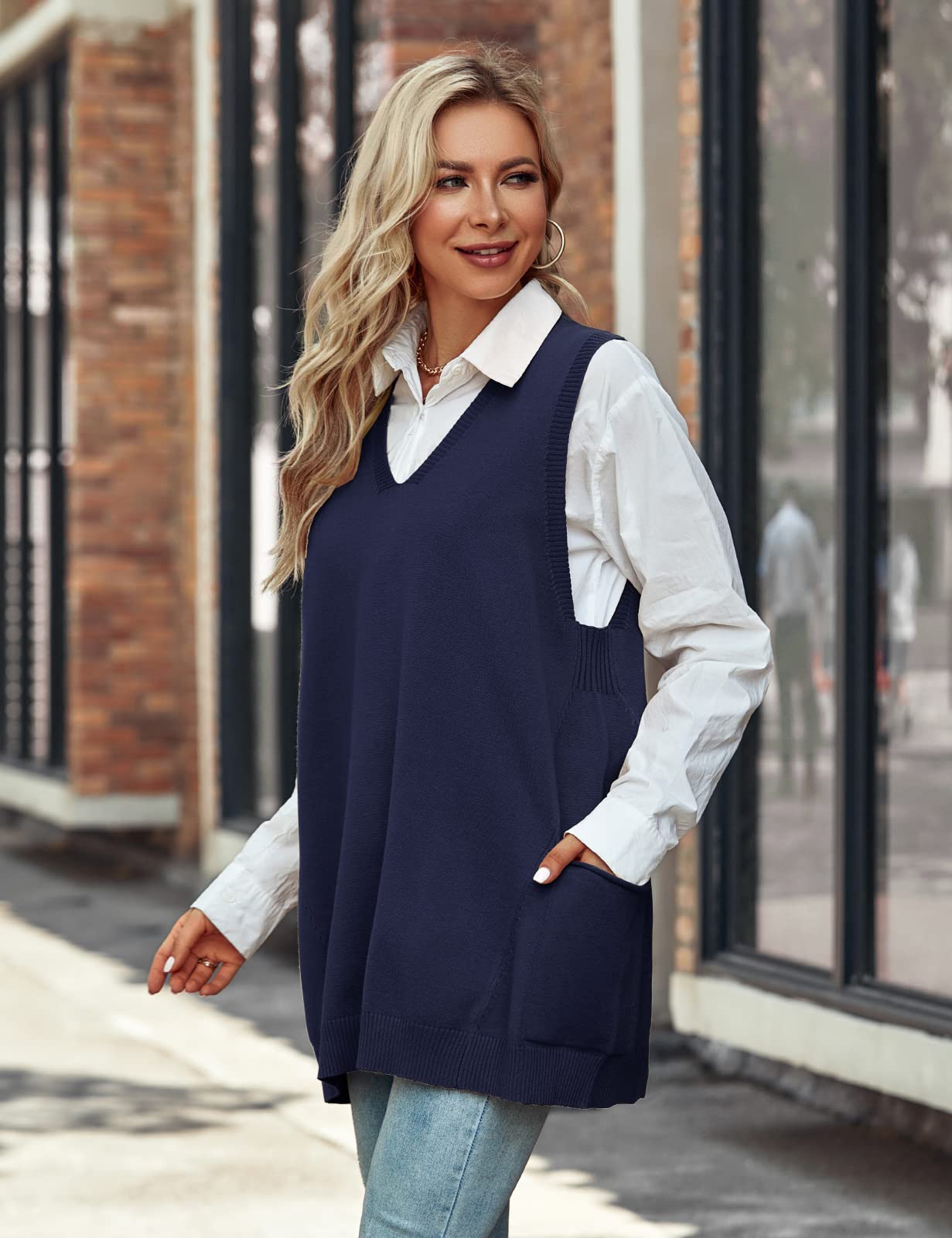 Niwicee Maglione Gilet Donna Scollo a V Pullover Maglione Senza Maniche,Autunnale Invernale Maglioni Oversize Tinta Unita mit Taschino,Cotone Top Smanicato Gilet in Maglia Elegante