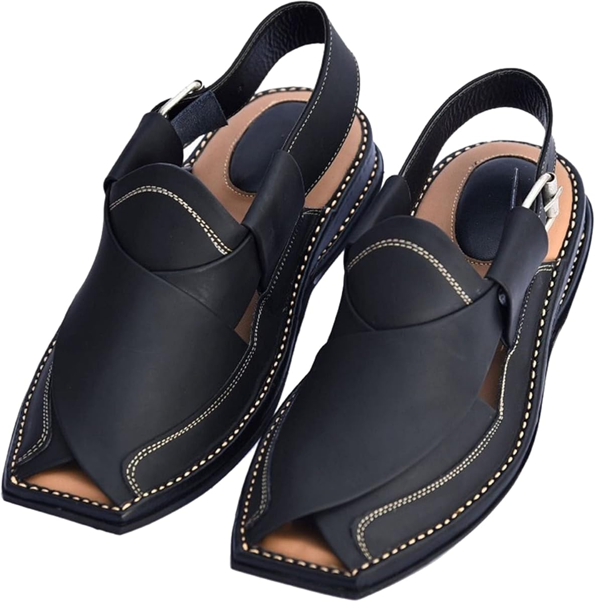 Men's Double Sole Summer Black Genuine Cowhide Leather Sandals Comfort Shoes