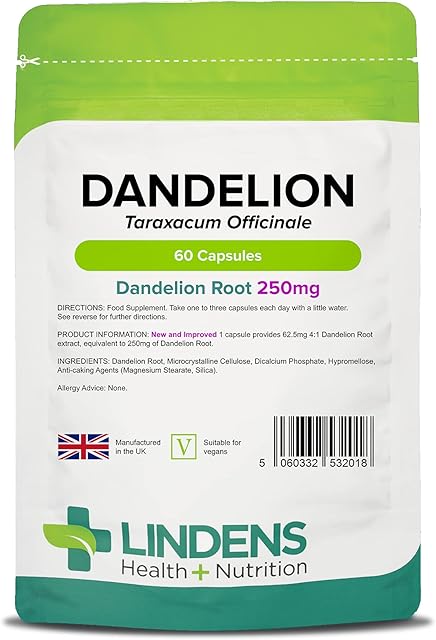 Lindens Dandelion 250mg - 60 Vegan Capsules - Water Retention, Detox, Cleanse | Taraxacum Officinale | 250mg Powdered Dandelion Root - UK Manufacturer, Letterbox Friendly
