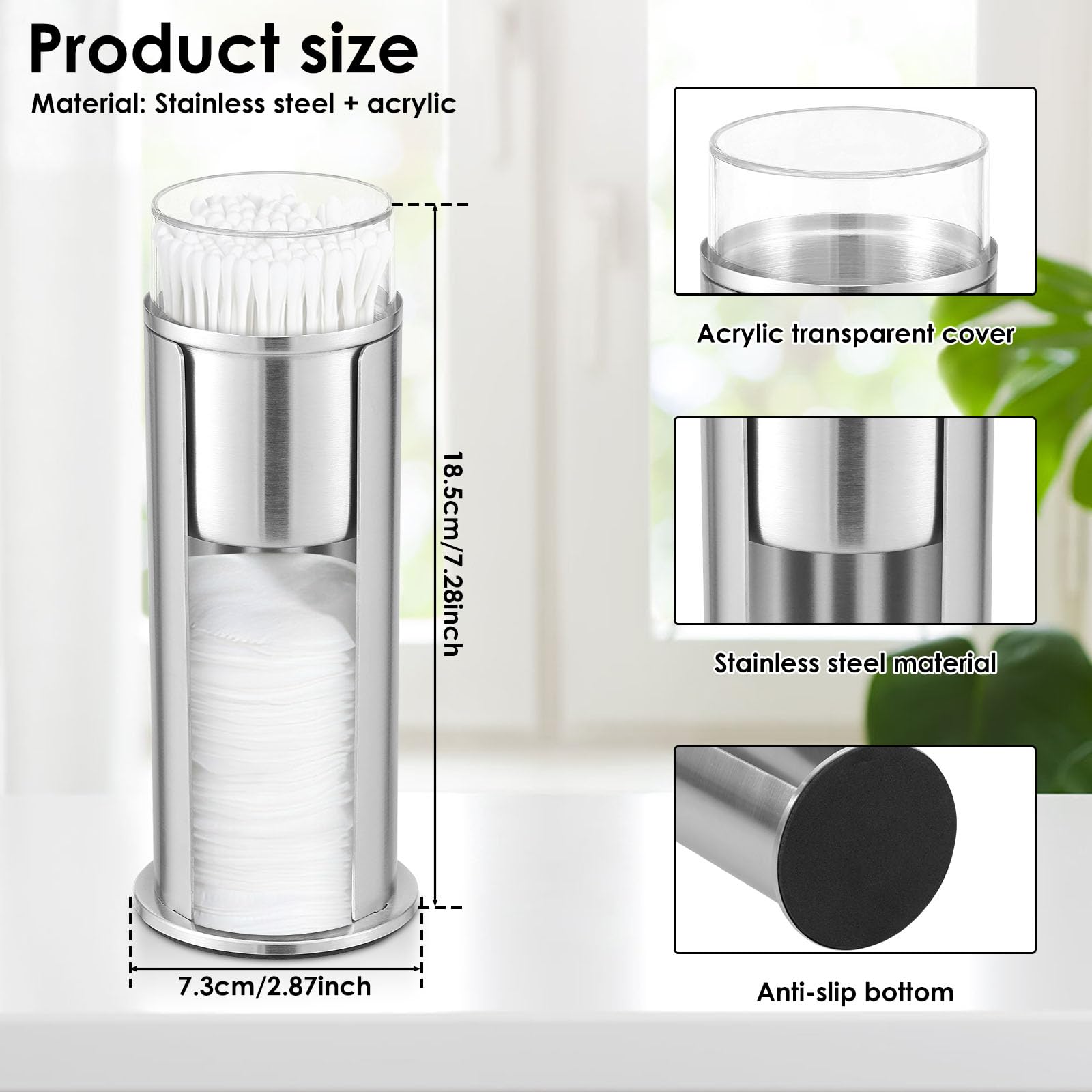 FALESOUL 2-in-1 Qtip Holder, Stainless Steel Cotton Pads Organizers with Acrylic Lids, Farmhouse Decor Qtip Dispenser, Desktop Debris Bucket Organizer Box for Bathroom Vanity Storage