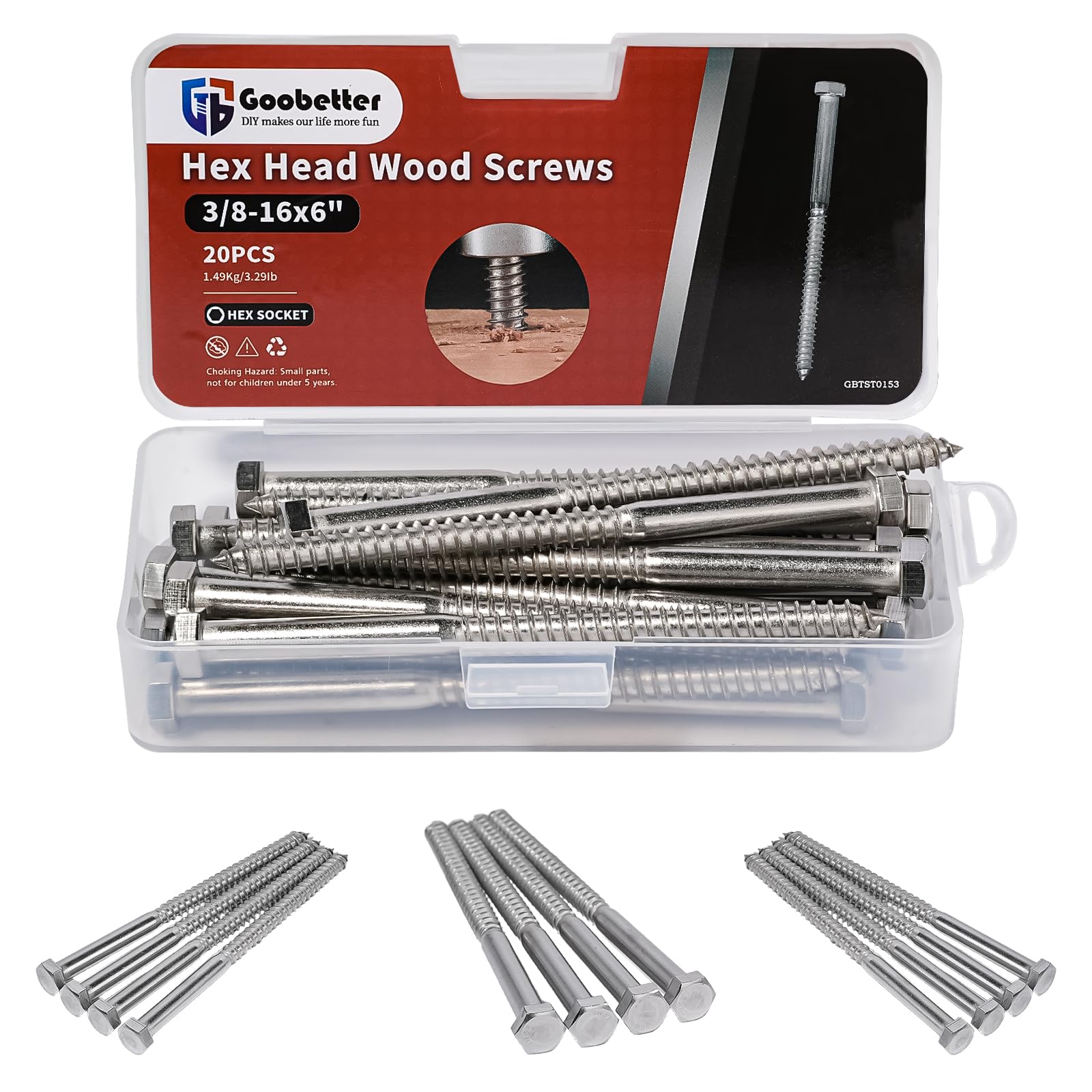 3/8" x 6" Lag Screws Wood Screws - 20 Pack - for Woodworking, Furniture - 304 Stainless Steel Partial Thread Hexagon Head Lag Screws for Wood - Silver