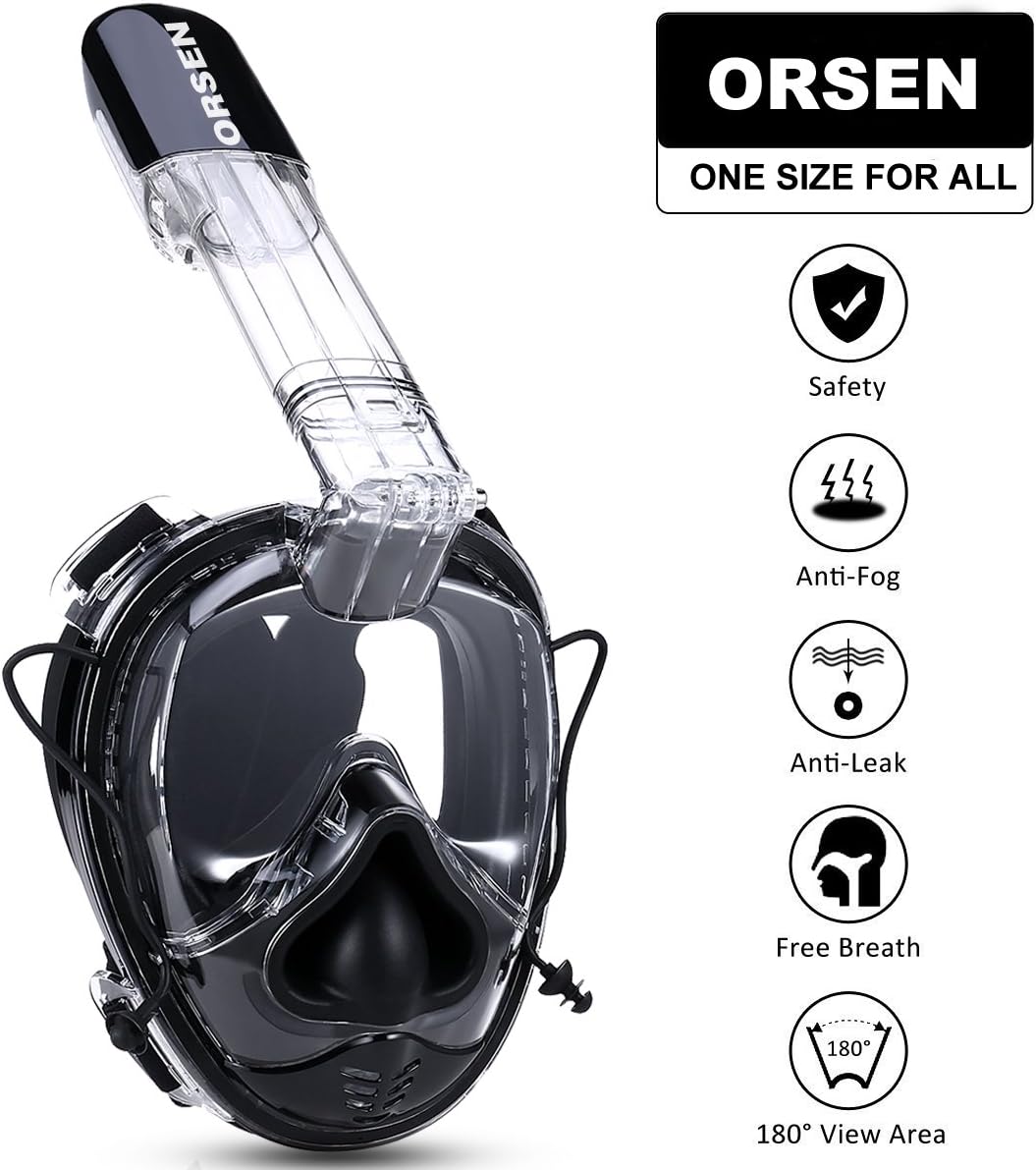 ORSEN Snorkel Mask Full Face 180°View Diving Mask with Action Camera Mount, Anti-Fog Anti-Leak Technology, Ear Pressure Equalization and ONE Size for All Adults and Kids (All Balck)