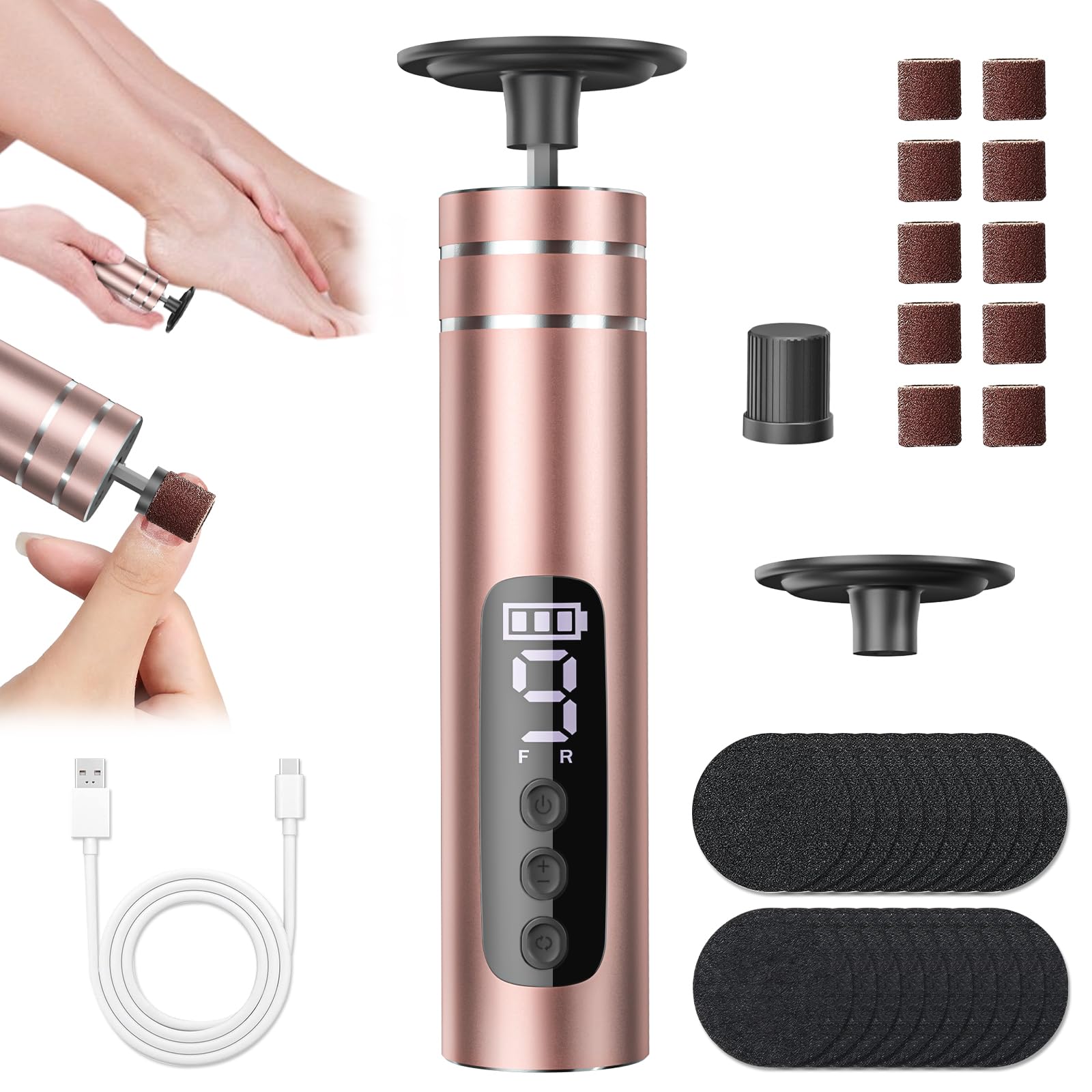 2 in 1 Pedicure Elettrico Professionale Piedi, Rimozione Calli Piedi Elettrico Ricaricabile con Display LCD, 30 Lime Intercambiabili, 9 Velocità di Rimozione dei Calli per Pelle Dura Morta (Oro Rosa)