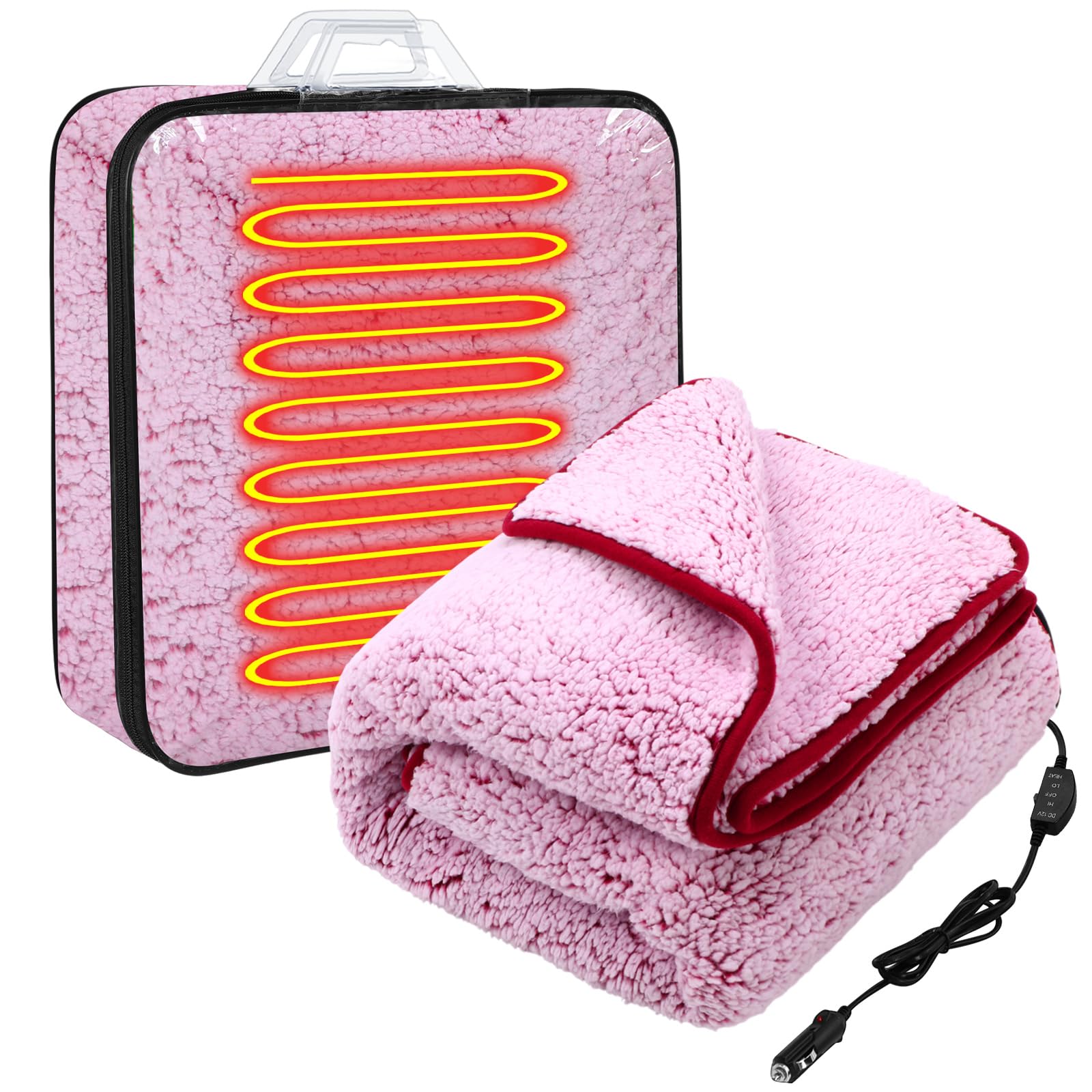 Riakrum 12v Heated Car Blanket 58" x 43", Light Pink, Solid