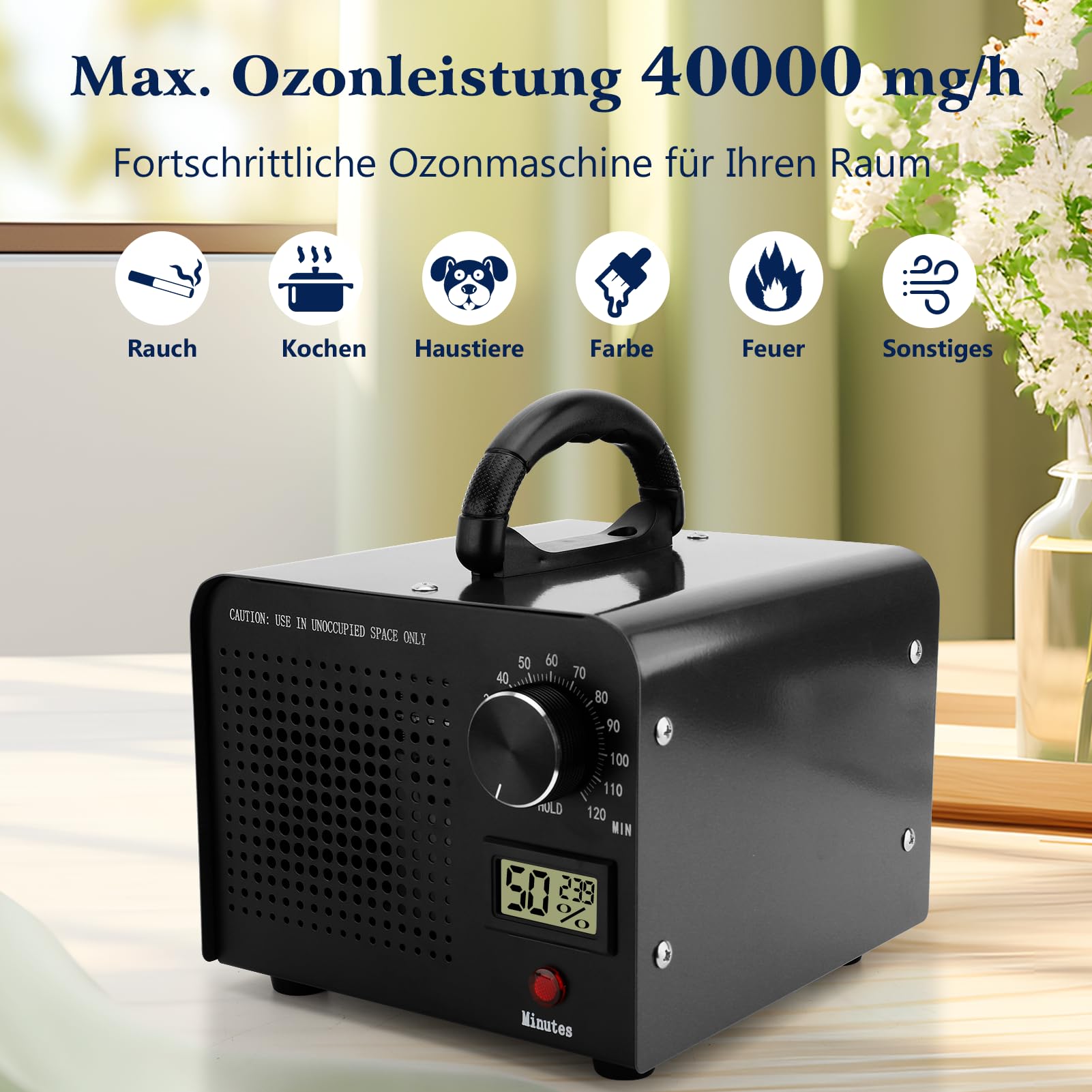 40000mg/h Ozongenerator, O3 Industrielle Ozongerät mit 120 Min Timer für Autos, Wohnungen, Rauch, Haustiergerüche und Beseitigung von Küchengerüchen(Schwarz)