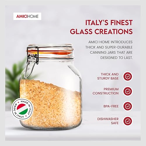 Miniatura 4 de Amici Home Tarro de conservas hermético de vidrio  Tarro de almacenamiento hecho en Italia con tapa de abrazadera hermética con bisagras, recipiente