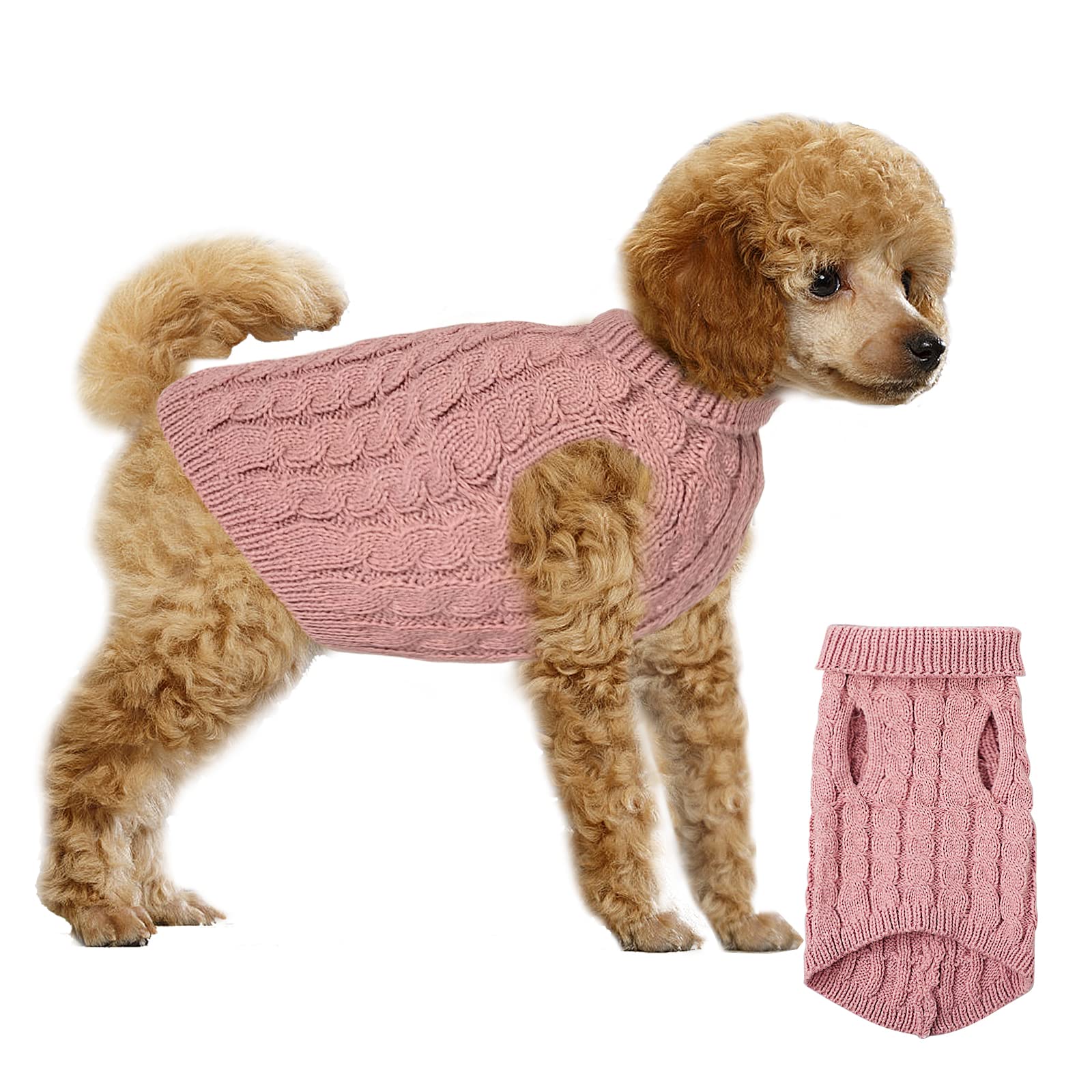 Jersey para perros, suéter para mascotas, suéter cálido de invierno, suéter para perros pequeños, cuello alto, suéter de punto, ropa exterior para perros pequeños y medianos (rosa S)