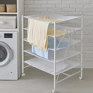 Honey-Can-Do 5-Tier Mesh Laundry Drying Rack with Wheels, Soft Nylon Flat Drying for Sweaters Delicates, Foldable Rolling Clothes Rack, 43 Linear Feet, Holds 30 lbs, White
