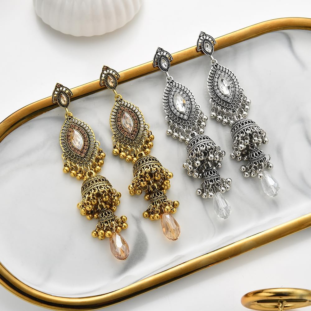 Jhumka Long Tassel Bell Earrings Vintage Jhumki Bollywood Traditional Ethnic Dangle Drop Bohemian Chandelier Earring for Women Oxidized Crystal Wedding Party Festival Indian Jewelry Gift - Image 4