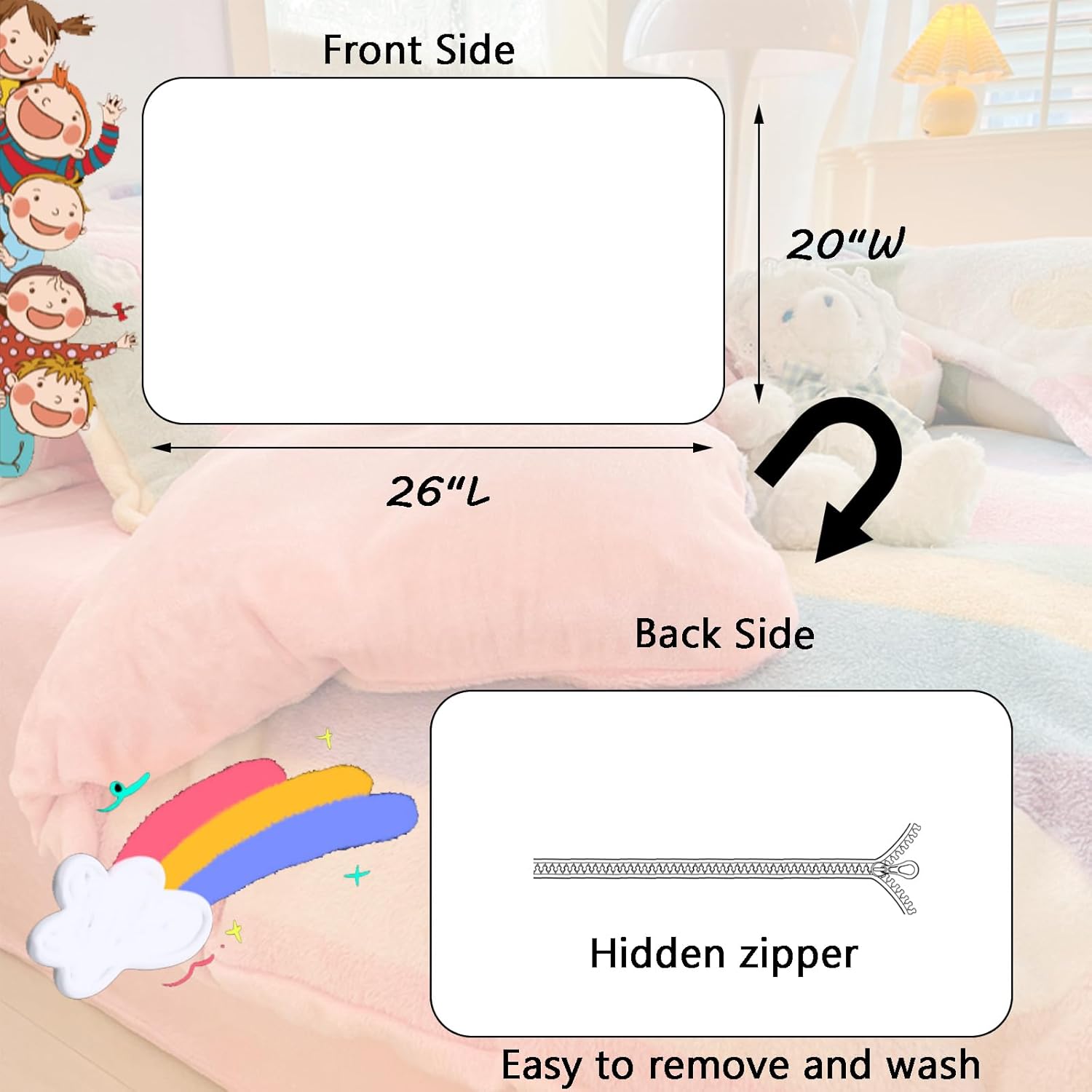 MorroMorn Decorative Pillows Covers Pink Kawaii, 2 Packs Plush Pillow Cases Standard Size, Soft Furry Throw Pillowcase Cushion Shams with Zipper Closure Girls Room Decor (Rainbow Love, Standard) - Image 3