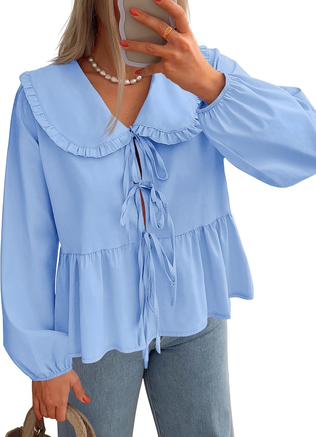 ZESICA Women's Tie Front Peplum Top — Long Puff Sleeve Lapel Collar Cute Babydoll Blouse Shirt (Blue, Medium)