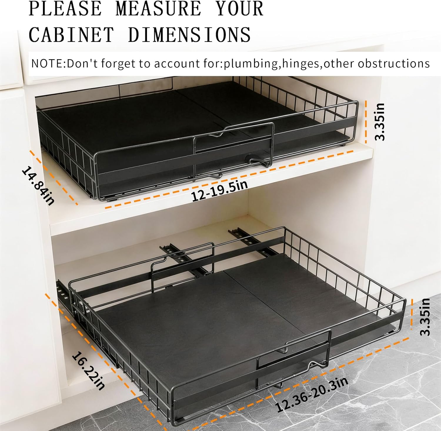 2 Pack Expandable Pull out Cabinet Organizer, Width (13"-21") Depth (16"-26") Pull Out Drawers for Cabinets, Upgrade 3 Slide Rails Slide Out Drawers, No Drill Adjustable Roll Out Shelves (Black)