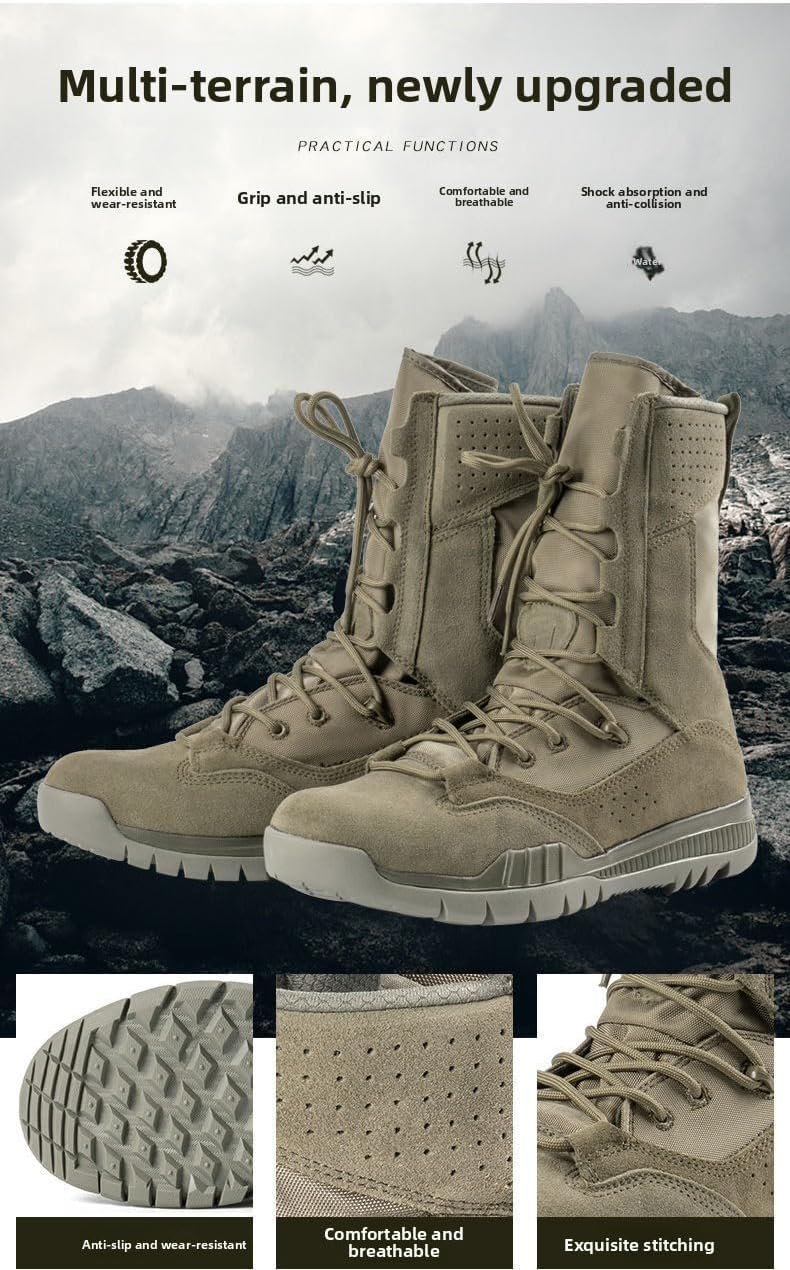 Men Tactical Combat Boots Durable Suede and Nylon Outdoor Military Work Boots Lightweight Breathable Ankle Support Shoes for Hiking Patrol and Desert Terrain
