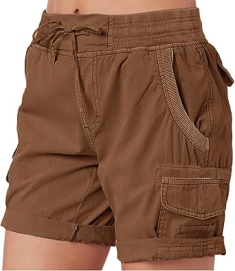 Viatabuna Hiking Cargo Shorts for Women Casual Summer High Waisted Drawstring Bermuda Shorts Knee Length Shorts with Pockets