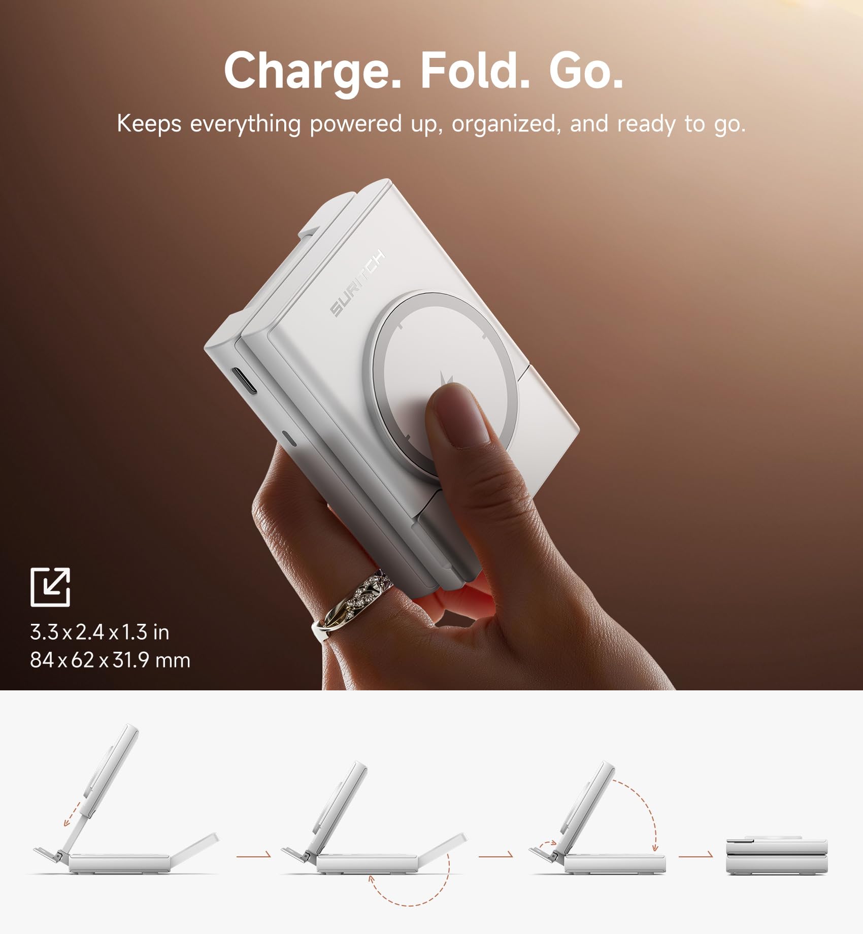 SURITCH Station de Charge Compatible avec Samsung, 15W 3 en 1 Station de Recharge sans Fil Dock de Recharge Pliable pour Galaxy S25 S24 S23 S22 S21 Z, Galaxy Watch 7/6/5/4/3, Galaxy Buds, Blanc