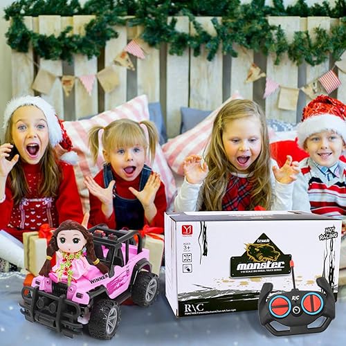 Miniatura 7 de wagkew Auto a control remoto para niñas, escala 118, coche RC rosa para niños de 4 a 7 a 8 a 12 años de edad, con muñeca y faros LED, camiones
