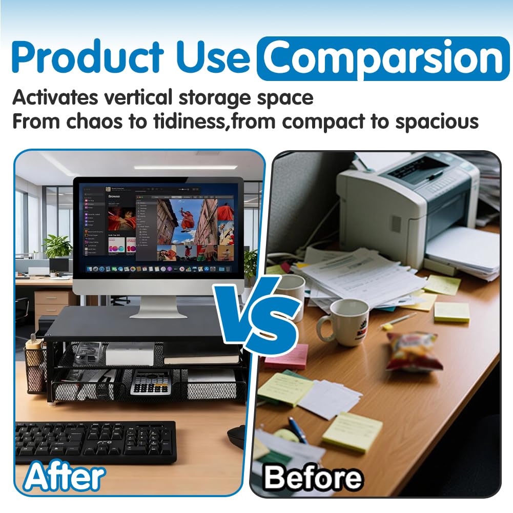 Supporto per monitor con cassetto, monitor per computer a 2 livelli con cassetto e 2 portapenne, organizer da scrivania e accessori, supporto ergonomico per accessori da ufficio (nero)