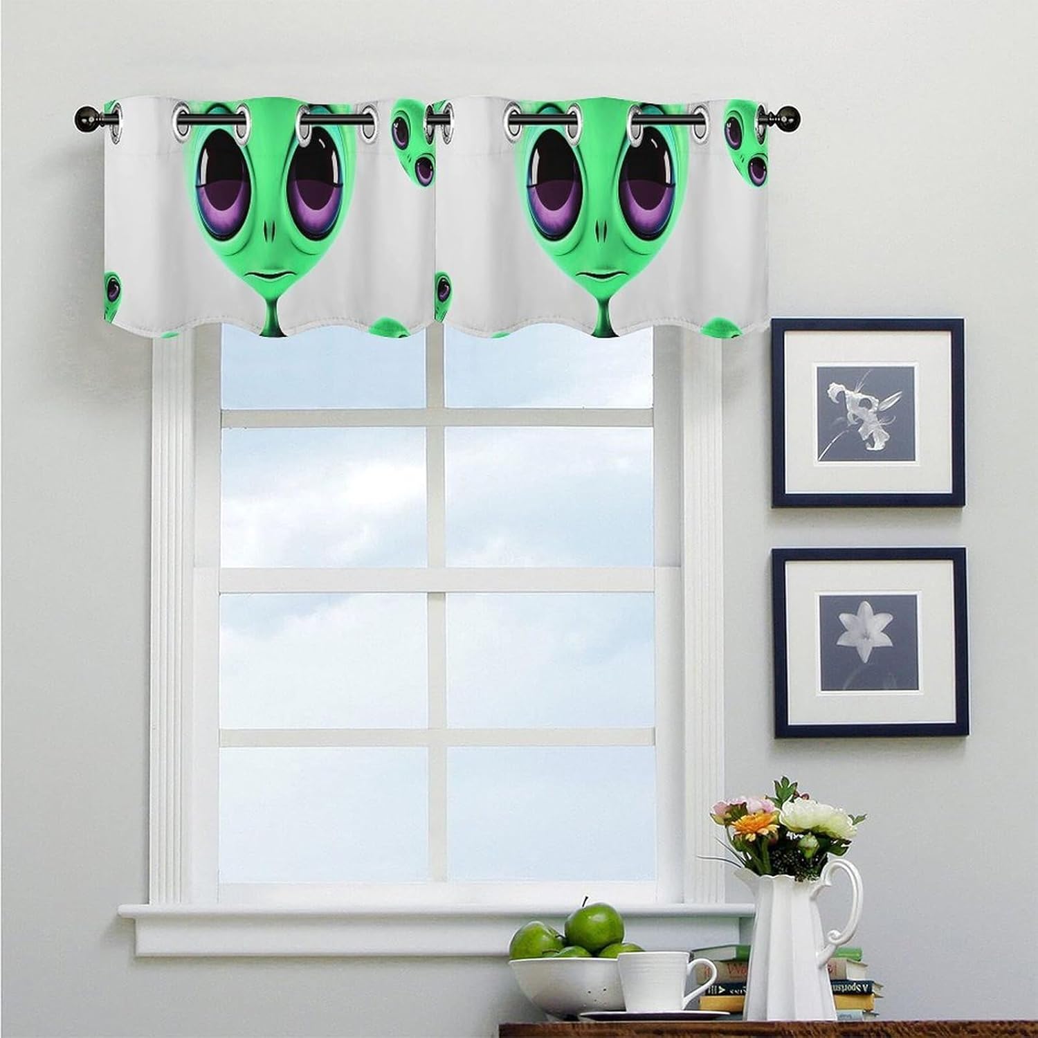 Green Alien_74804394 Valance for Windows, 2 Pack Kitchen Curtains Modern Home Decor, Soft Blackout Window Curtains for Living Room & Bedroom, 18 X 52 Inch