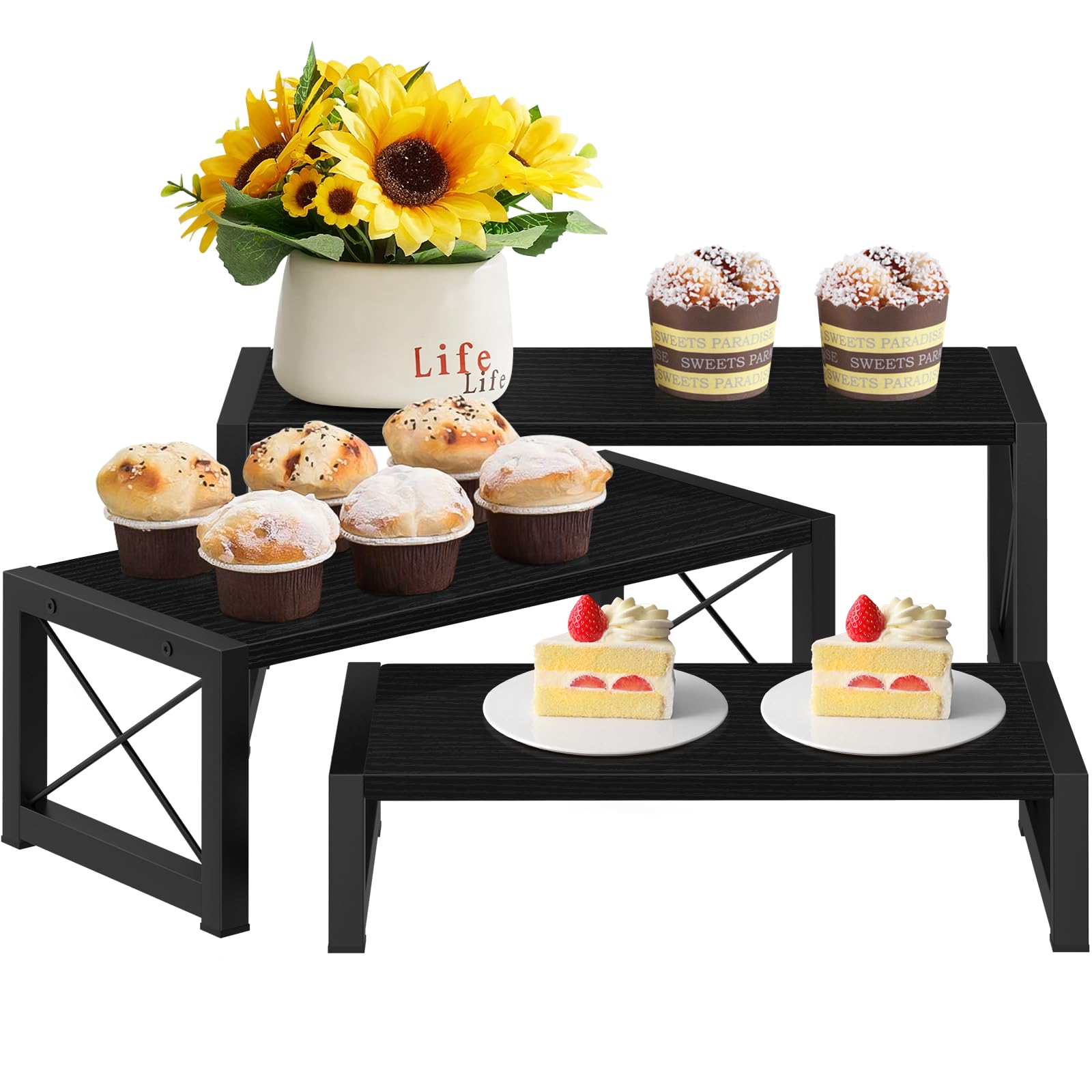 ELITEROO Soporte de exhibición de 3 niveles para cupcakes y postres de madera, color negro, elevador de varios niveles para cupcakes, alimentos, perfume, maquillaje, muñecas, coleccionables y