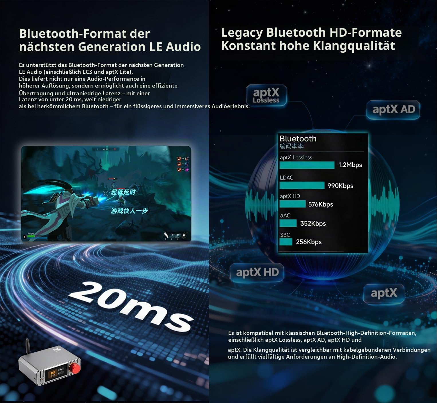 xDuoo MX-02 HD Bluetooth 5.4 Audio-Sender – LE Audio und aptX Lossless für extrem niedrige Latenz, Bluetooth-Dongle für PC/TV/CD-Player/PS5, kabelloser Lossless-Sender für Lautsprecher/Kopfhörer