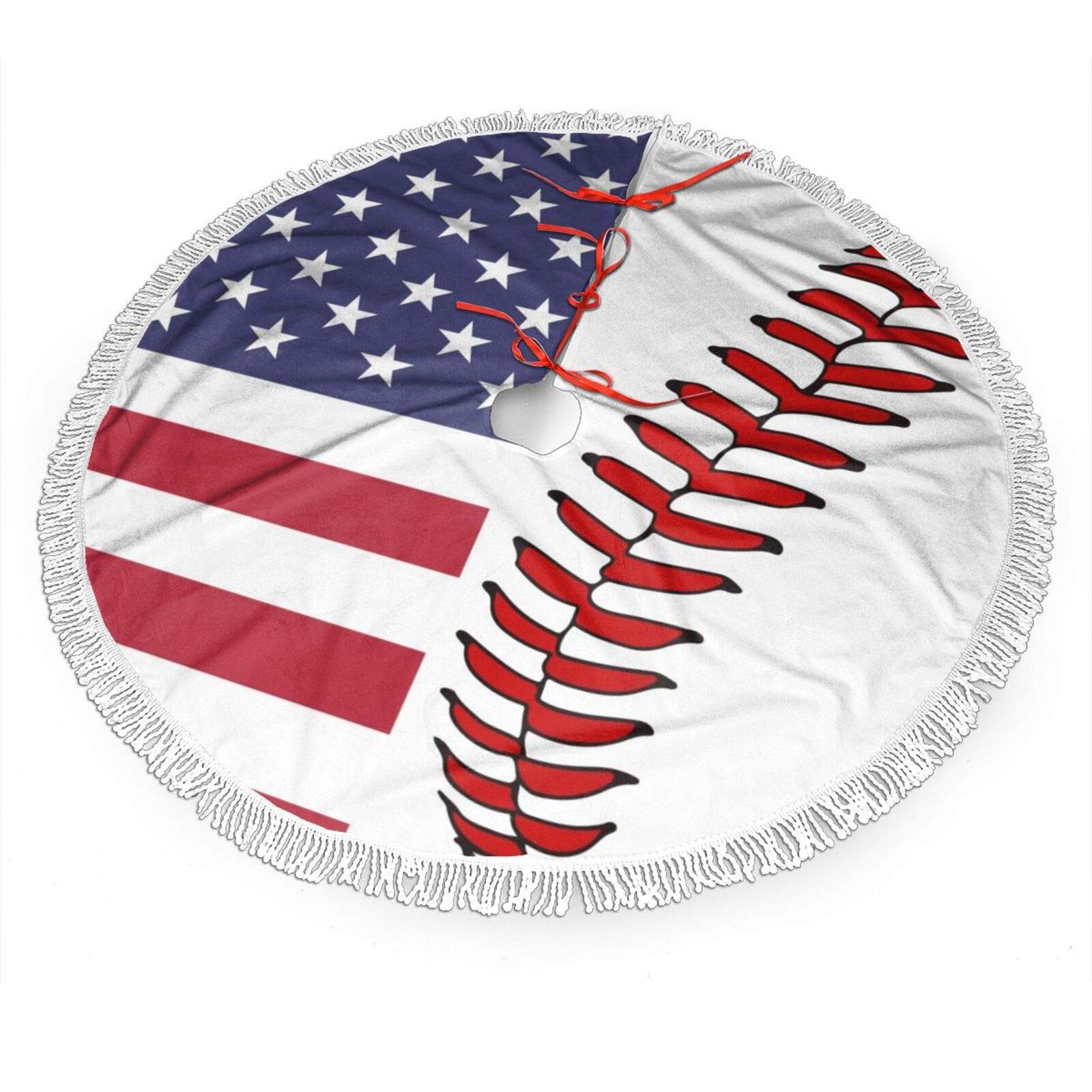 USA Flag Baseball Lace Christmas Tree Skirt Funny Tassel Xmas Ornaments Holiday Home Party Decoration 36 Inch