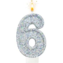 Silver Number 6 Birthday Candle, Glitter Sparkle Cake Topper Decoration, Reflective Shiny Party Candle for Birthday Celebration