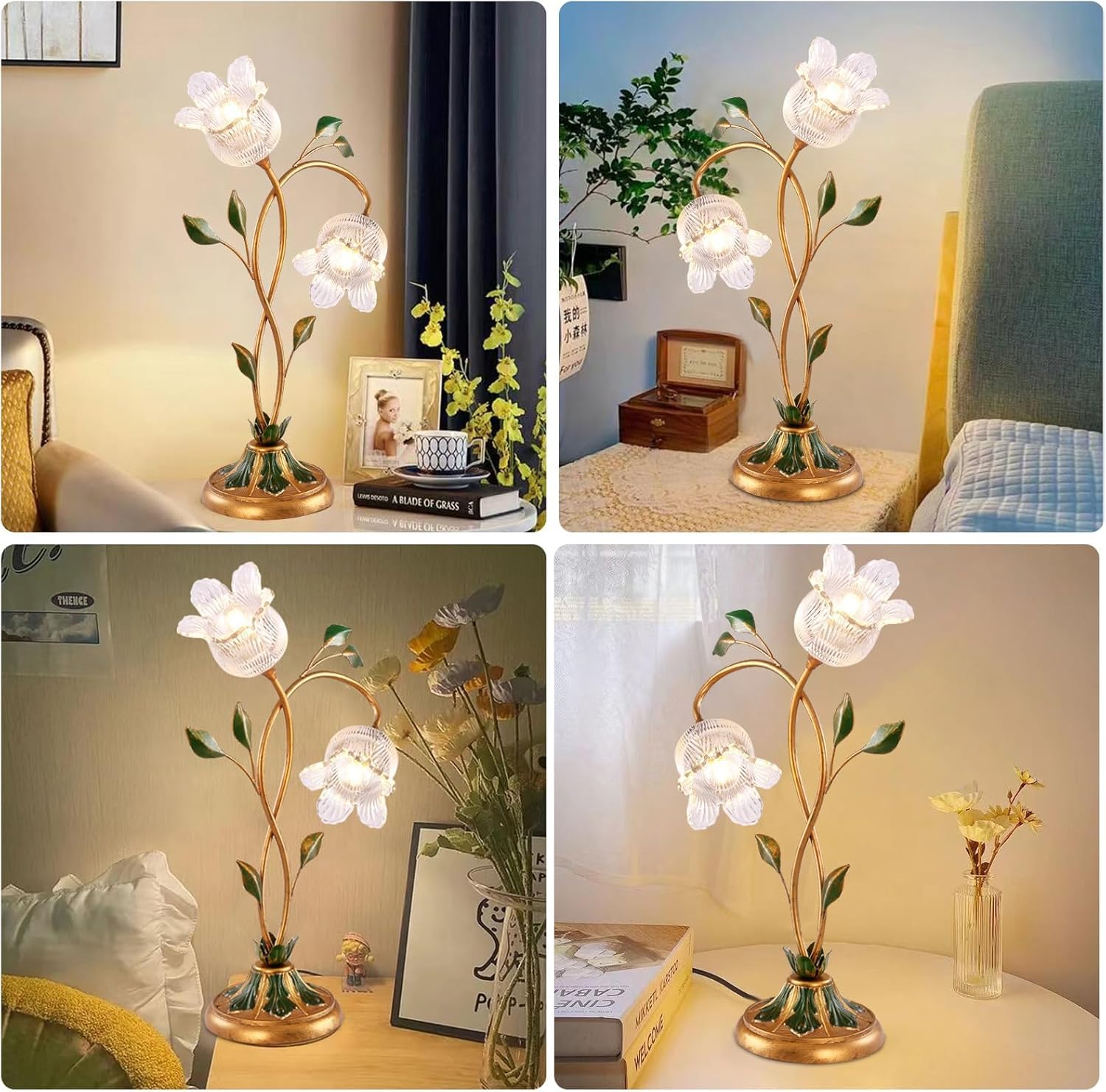 SANDYHA Gold Glass Flower Table Lamp Vintage 2-Light Floral Side  display picture 1